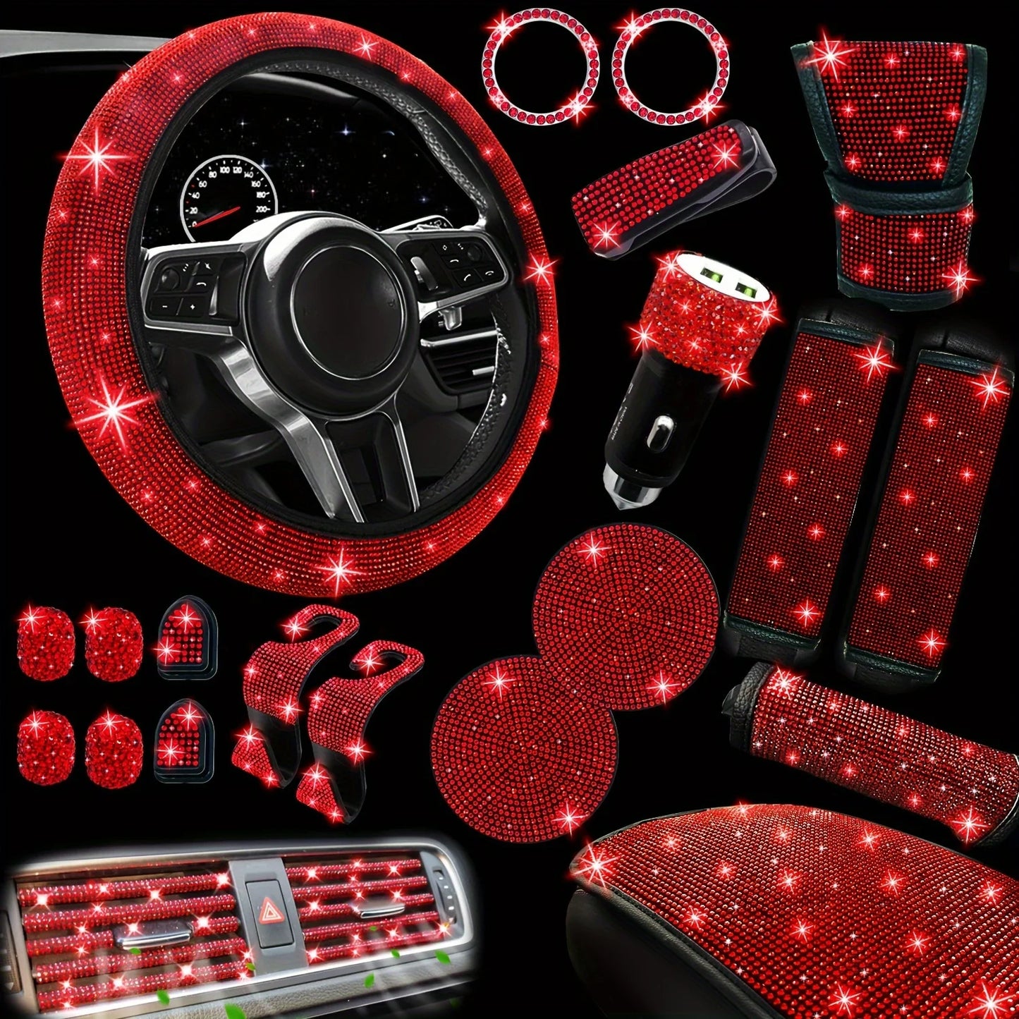 30 PCs Bling Car Accessories Set for Women, Steering Wheel Covers Universal Fit 15Inch, Seat Belt Covers, Armrest Cover