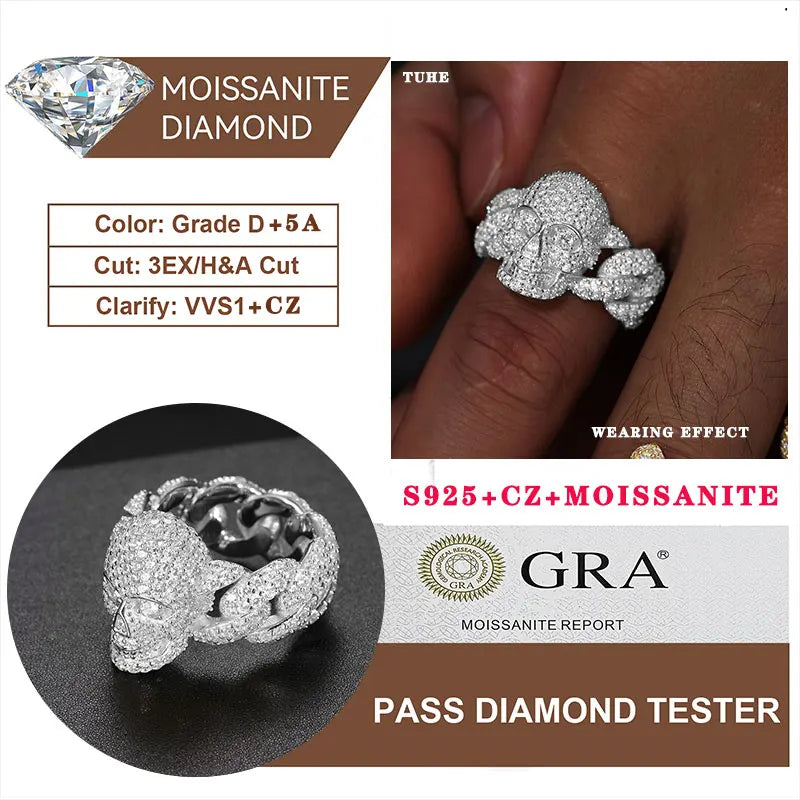 TUHE Unisex Iced Out Skull Ring S925 Silver VVS1 Moissanite For Men Hip Hop Jewelry