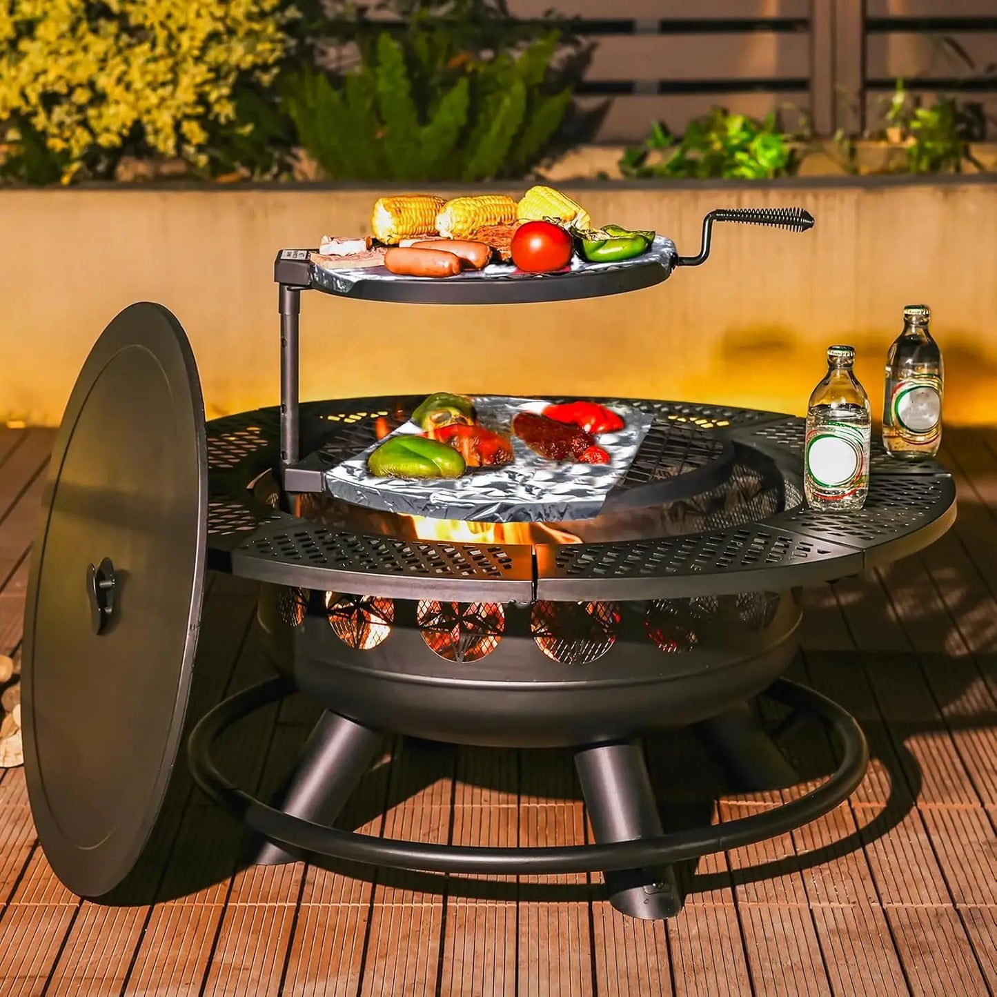 36 Inch Fire Pit with 2 Cooking Grills,Outdoor Wood Burning BBQ Firepit with Lid, 3-in-1 Outdoor Fire Pit - TrendForce25
