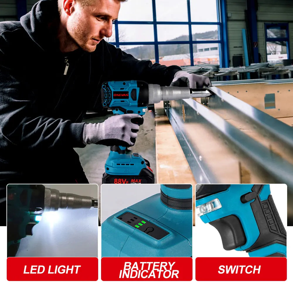 ONEVAN Brushless Electric Rivet Gun 2.4~5.0mm Drill Cordless Rivet Nut Gun Automatic Riveting Power Tool For Makita Battery Pin