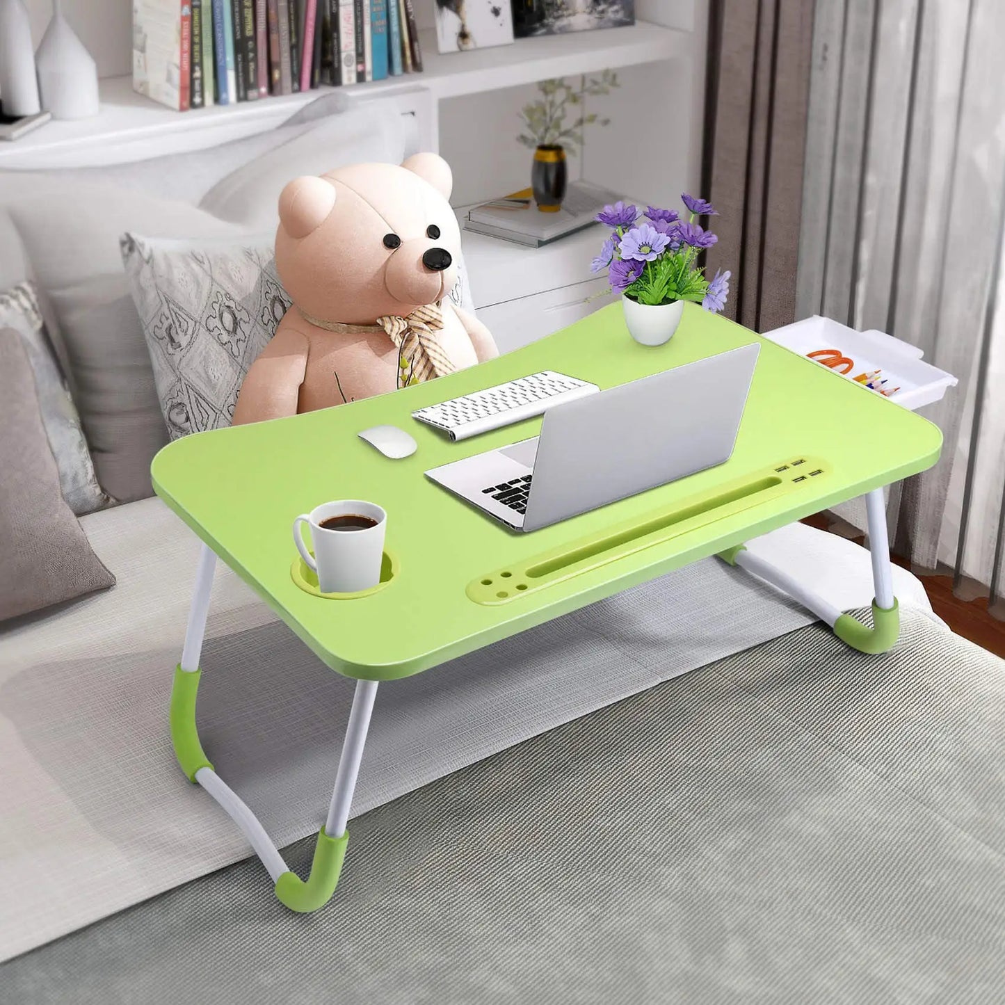 NEW 40x60cm portable folding table laptop table for office and home use with USB light, small fan, cup holder, tablet slot