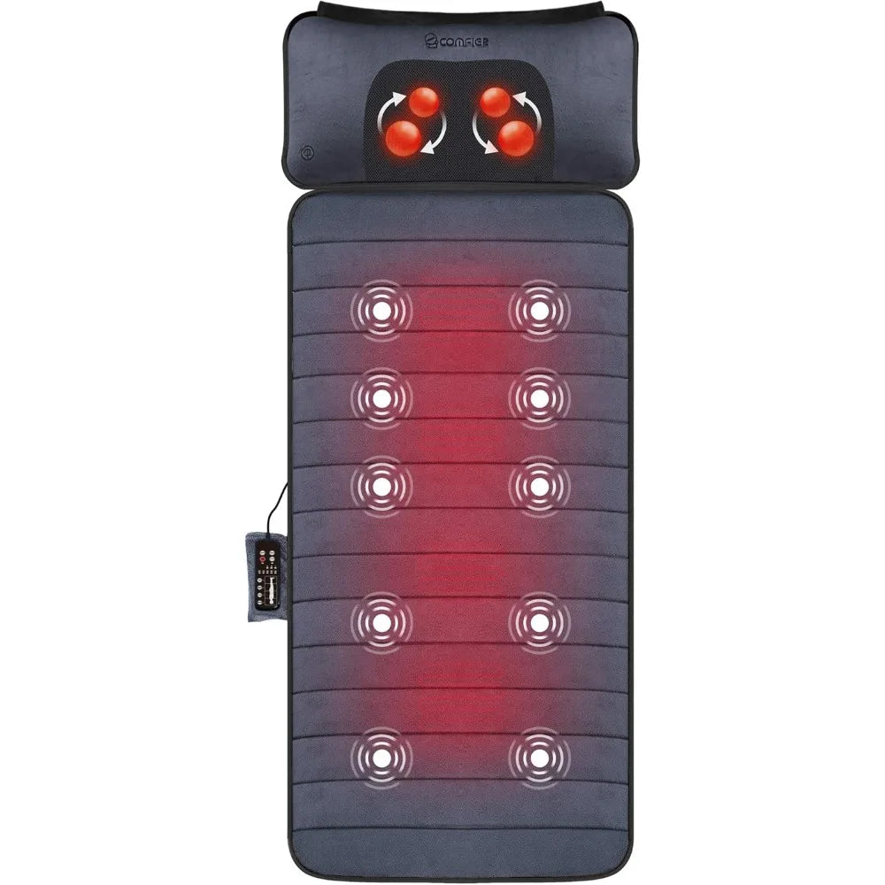 Full Body Massage Mat with Movable Neck Pillow, 10 Vibrating Motors & 4 Heating Pads, Back Massager, for Dad Men