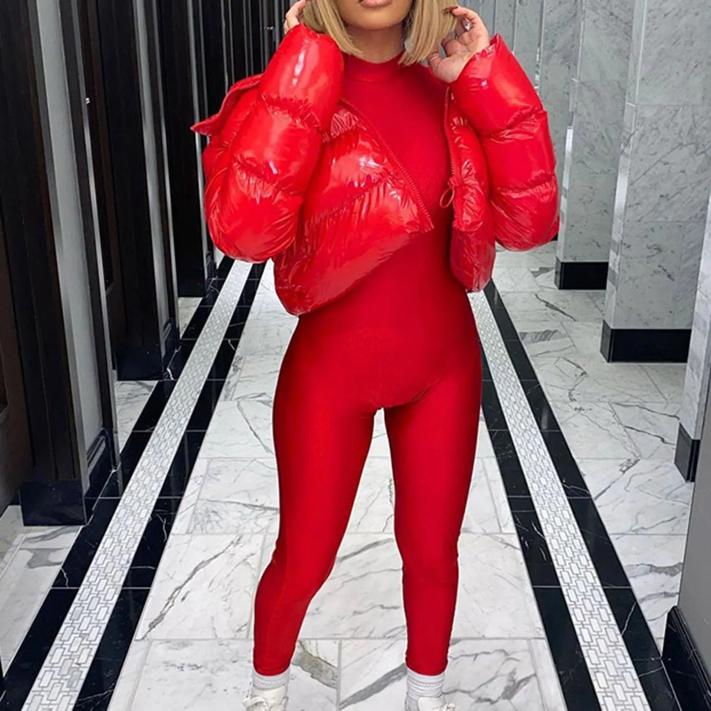 Shiny Leather Jacket Women Down Coat Autumn Winter Keep Warm Stand Collar Streetwear Y2k Bomber Jackets Red Black Wadded Jacket