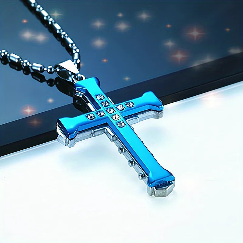 1PC/ Titanium Alloy Cross Pendant Necklace Inlaid with Zircon Man, Classic Jewelry, Holiday Gift