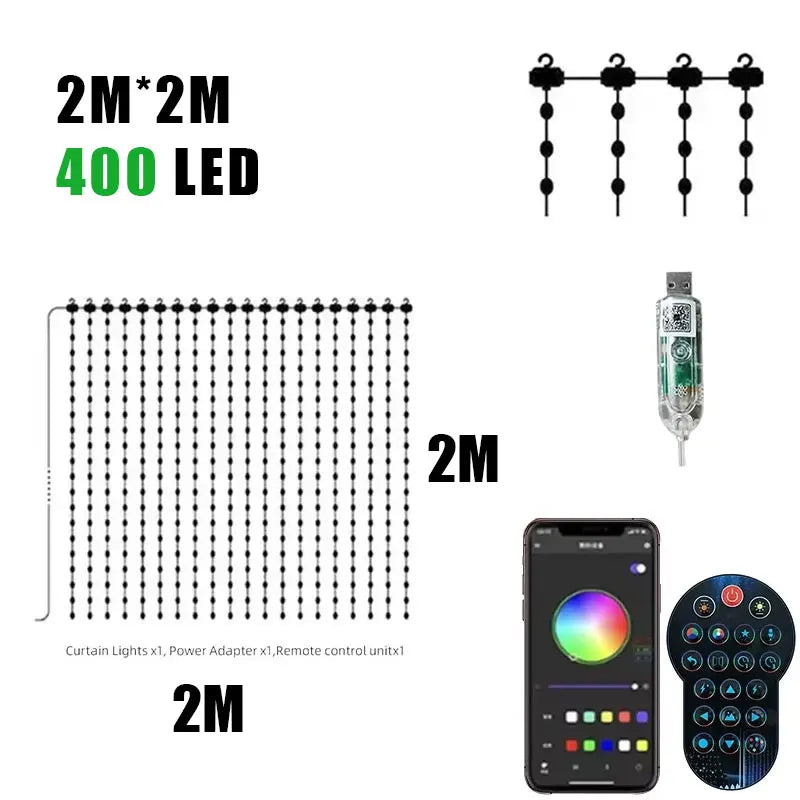 Smart RGB LED Curtain Lights RGB LED String Light AppControl USB DIY Text Animation Display Music Sync for Christmas Party Decor