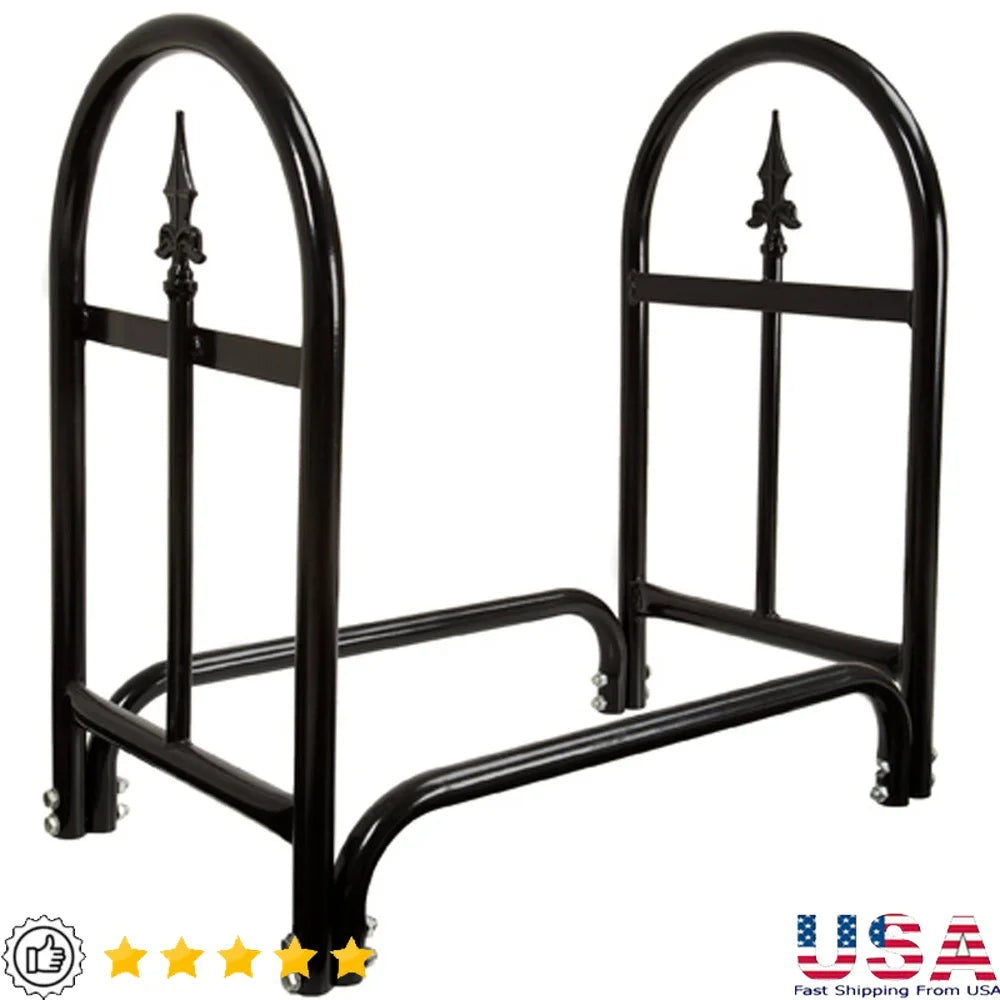 Fireplace Log Rack Steel Firewood Holder with Finial Design Sturdy Indoor Outdoor Wood Storage Solution Black Finish