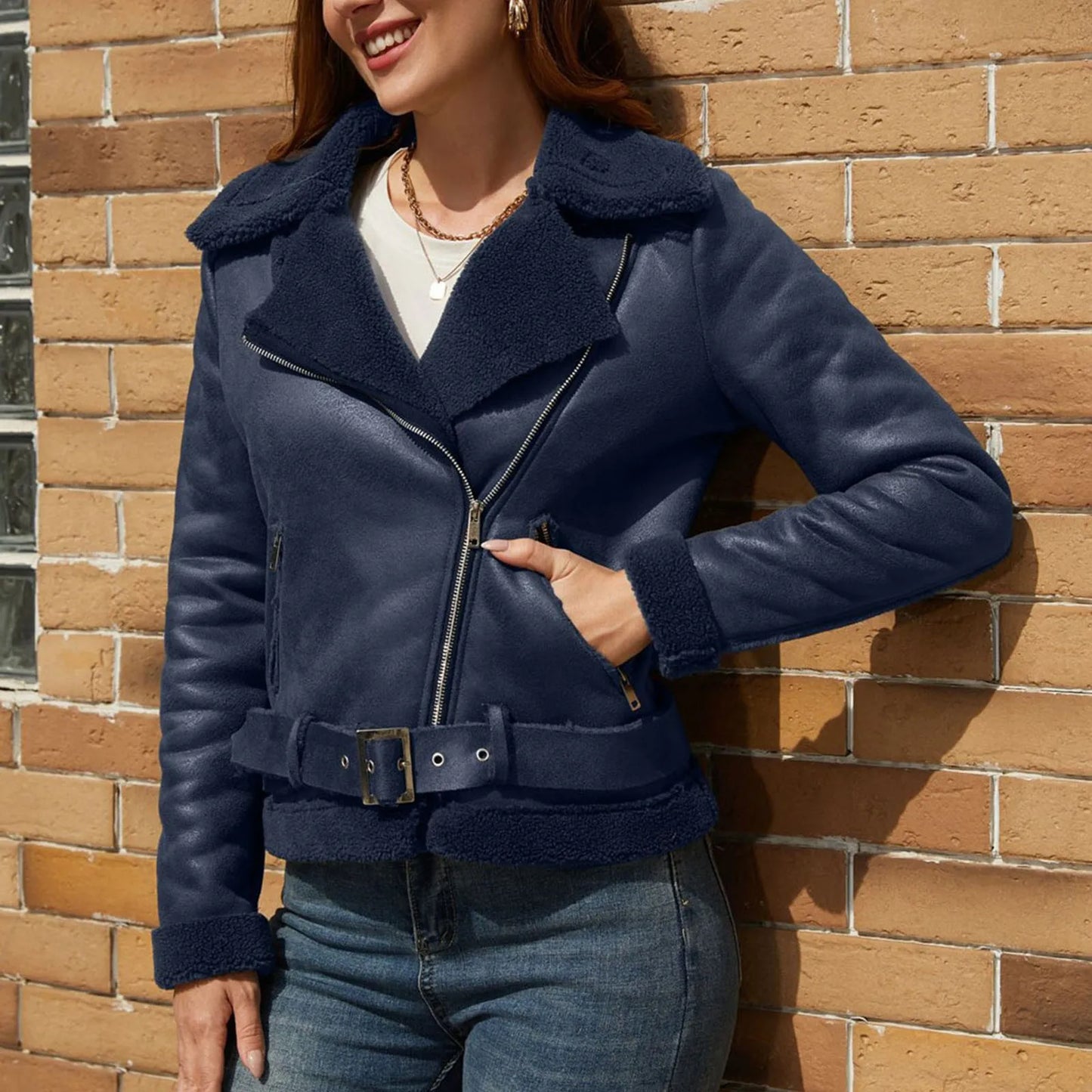 Warm Suede Lamb Jacket Winter Women Thick Short Motorcycle Coats Faux Shearling Leather Jackets Zip Cool Outwear Women'S Coat