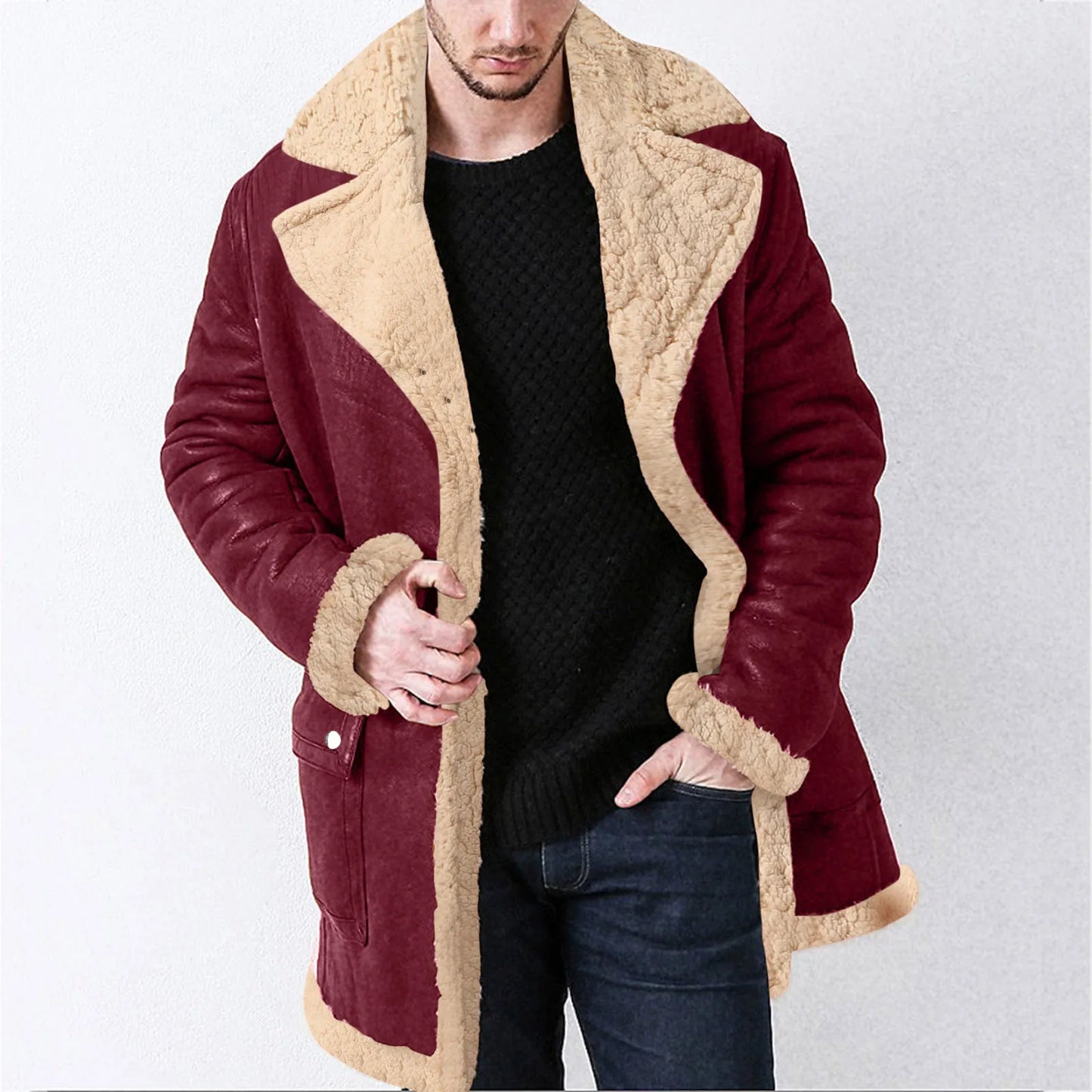 Mid Length Jacket Men Winter Zipper Coat Lapel Long Sleeve Padded Leather Jacket Men's Business Casual Light Jacket