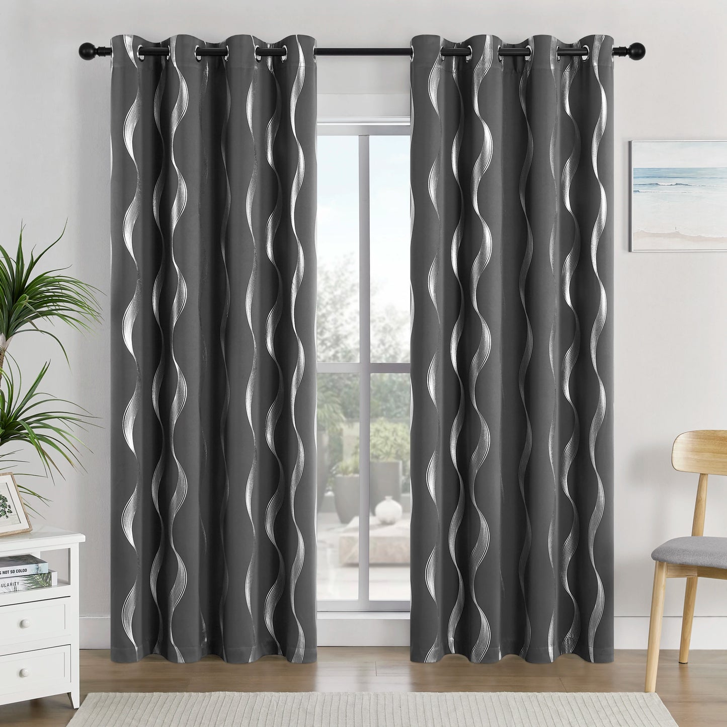 4Pcs Blackout Curtains Grommet Thermal Insulated Room Darkening With Wave Foil Printed For Bedroom - TrendForce25
