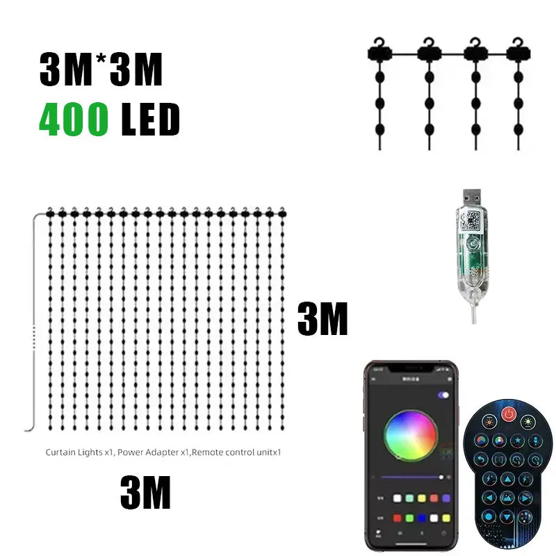 Smart RGB LED Curtain Lights RGB LED String Light AppControl USB DIY Text Animation Display Music Sync for Christmas Party Decor