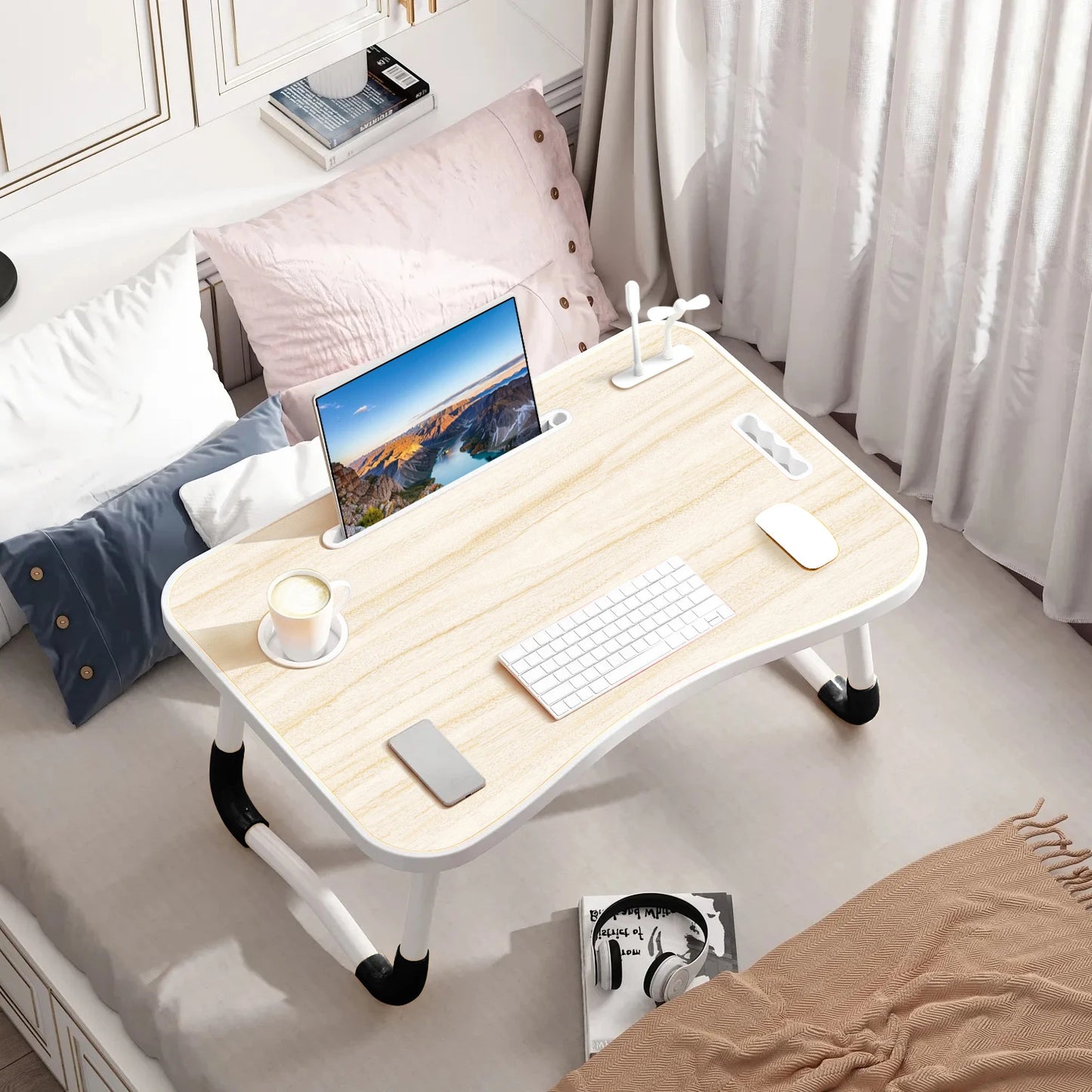 NEW 40x60cm portable folding table laptop table for office and home use with USB light, small fan, cup holder, tablet slot