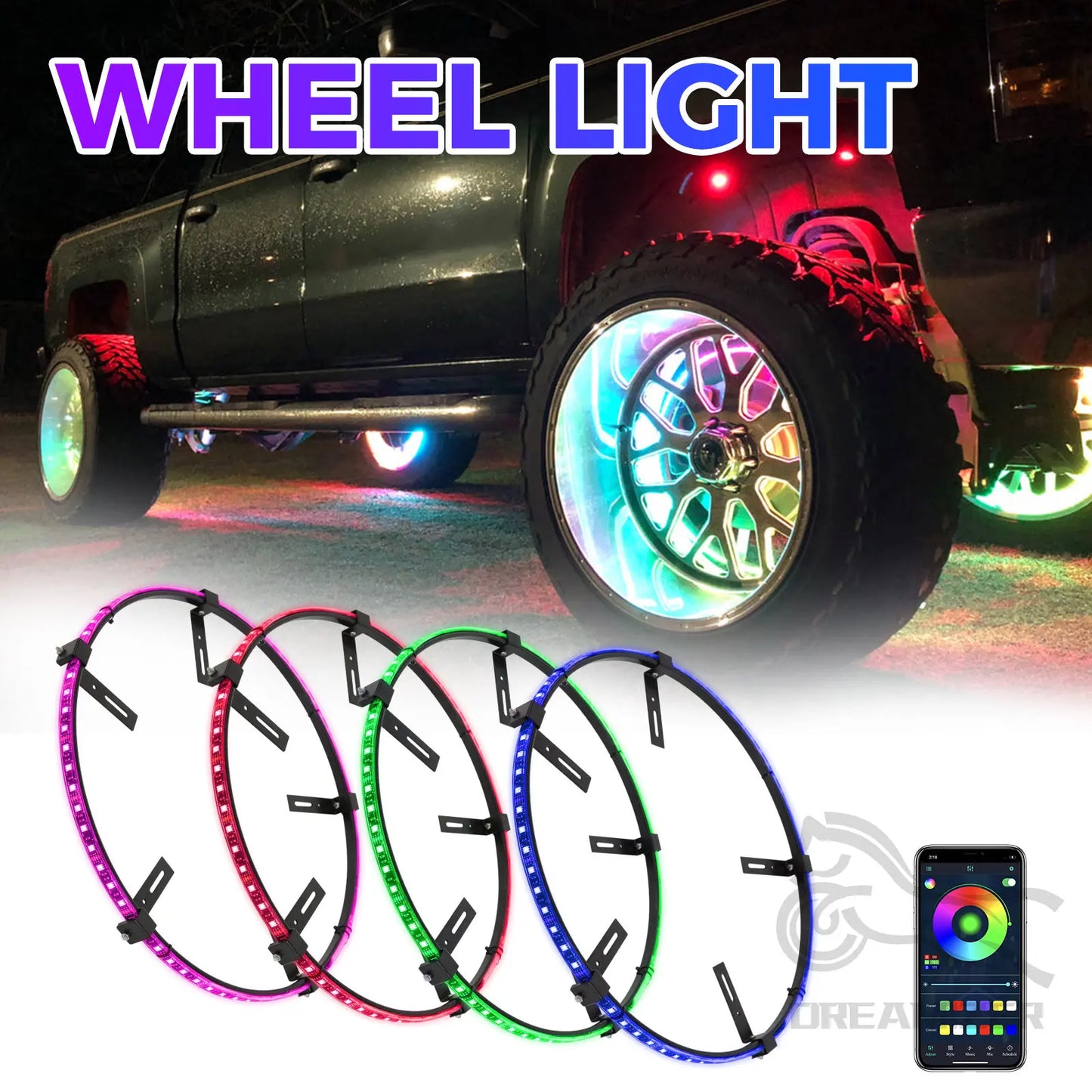4Pcs Car Hub Light For 15.5 in Wheel Decorative Waterproof LED APP/Remote Wheel Ring Conversions Phantom Light Neon Lamp - TrendForce25