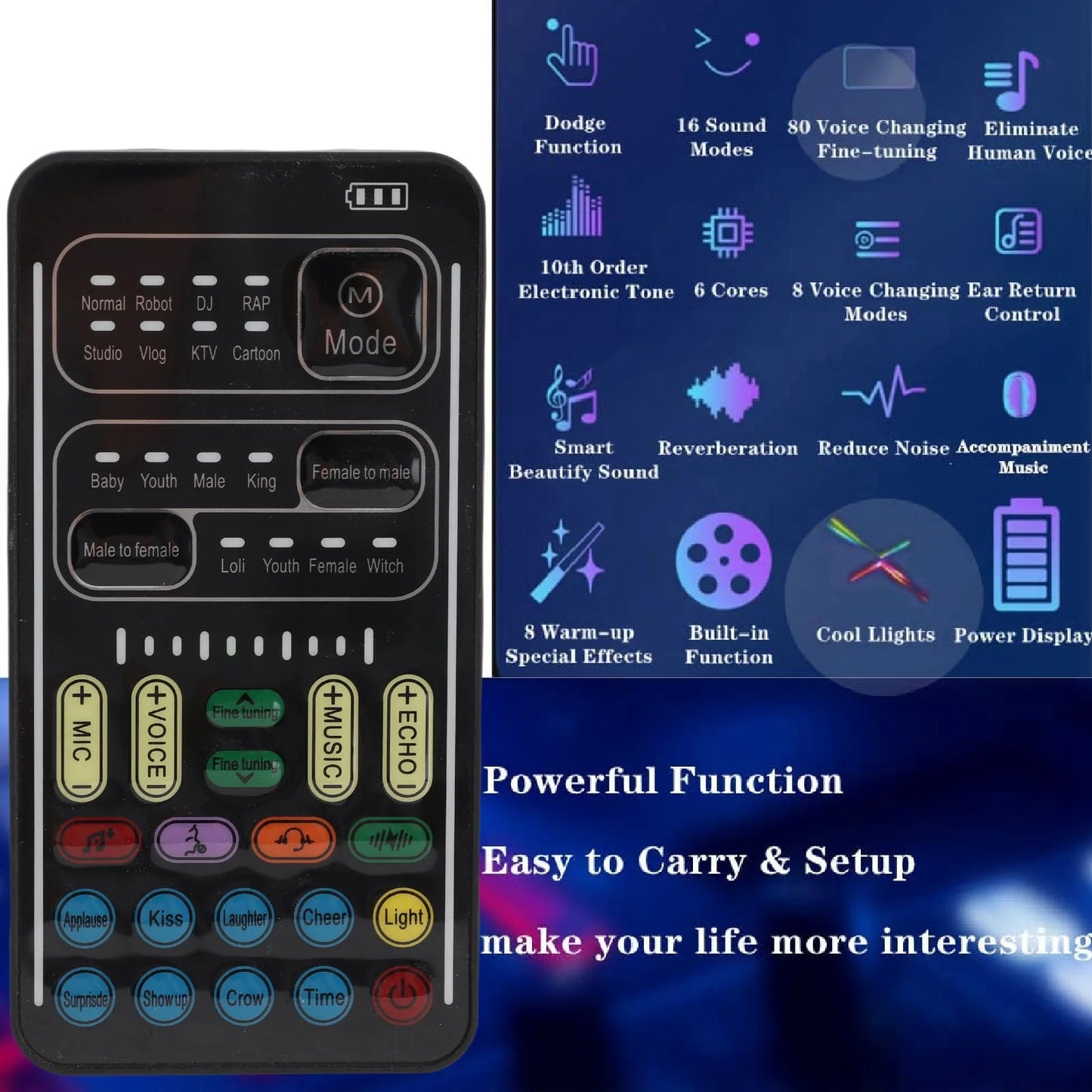 Multifunctional Voice Disguiser Black 8 Voice Changes 8 Built in Sound Effects Voice Changer Portable for Live Streaming