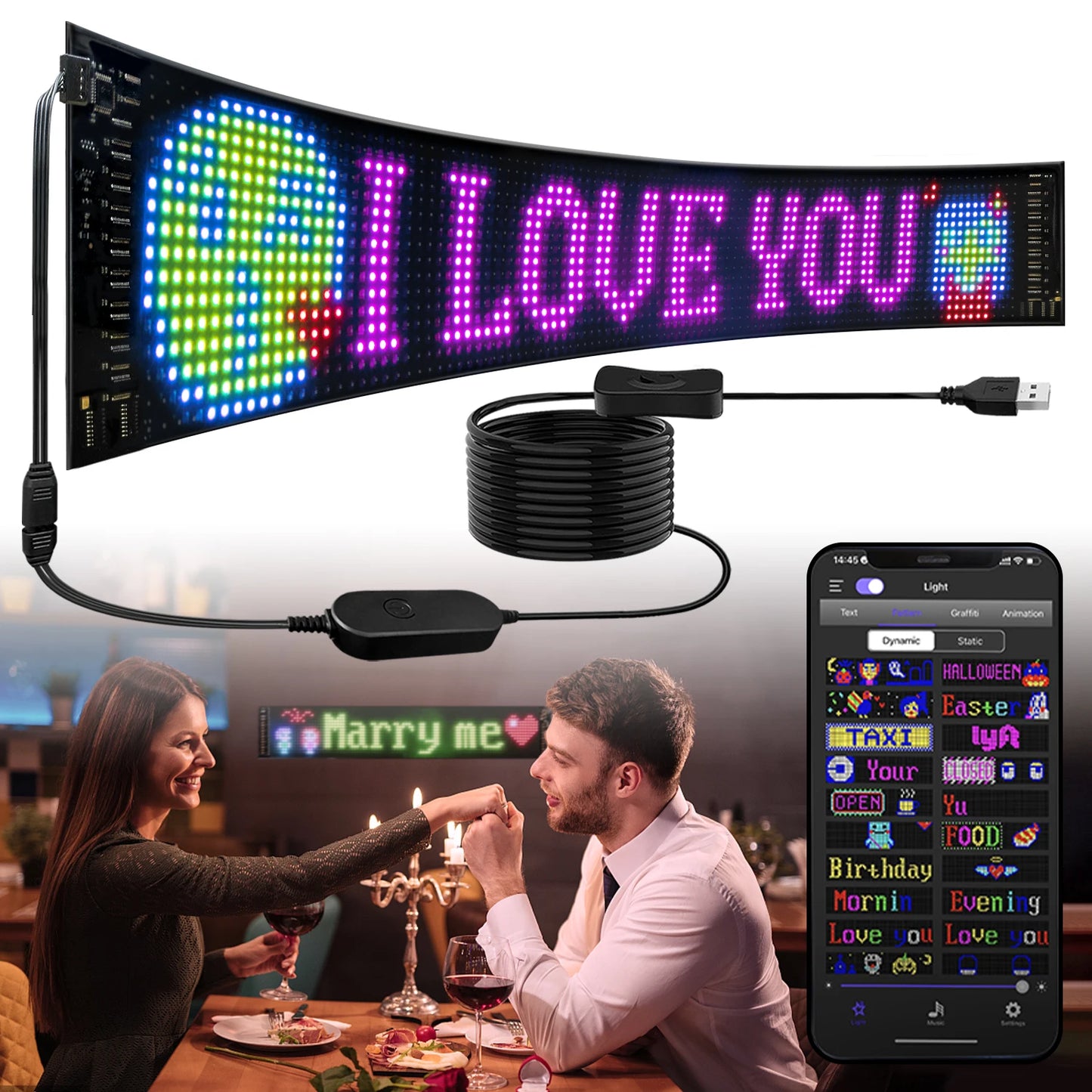 Scrolling Bright Advertising LED Signs, Flexible USB 5V LED Car Sign Bluetooth App Control Custom Text Pattern ,Valentine's Day