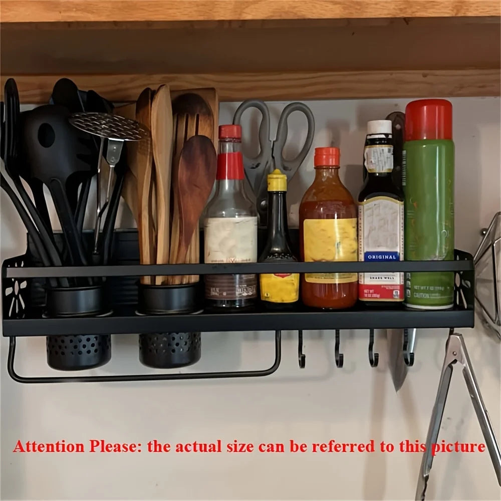 1pc Kitchen Wall-mounted Spice Storage Rack With Hooks, Hanging Tableware & Utensils Holder, Household Space Saving Storage Orga