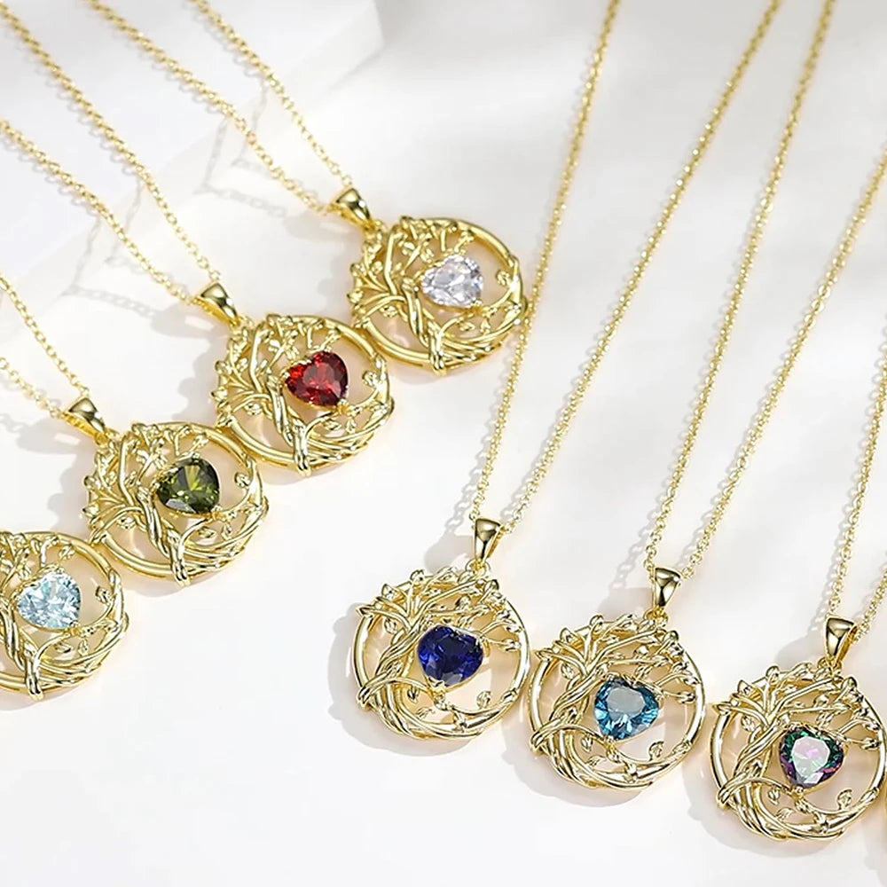 Tree of life Birthstone Sterling Silver Pendant Necklace Gemstone Anniversary Birthday Jewelry Christmas Gifts for Mom Her Wife