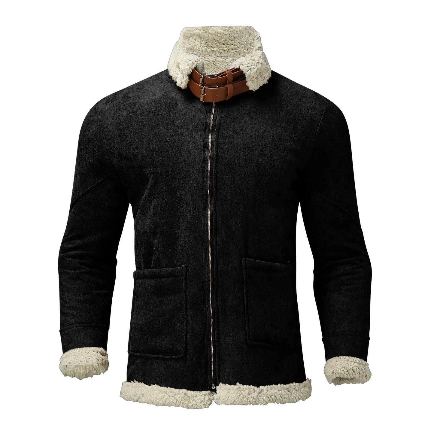 Men's Casual Plush Jacket Solid Color Zipper Wool Warm Long Sleeve Turn-down Collar Coat Jacket With Pockets