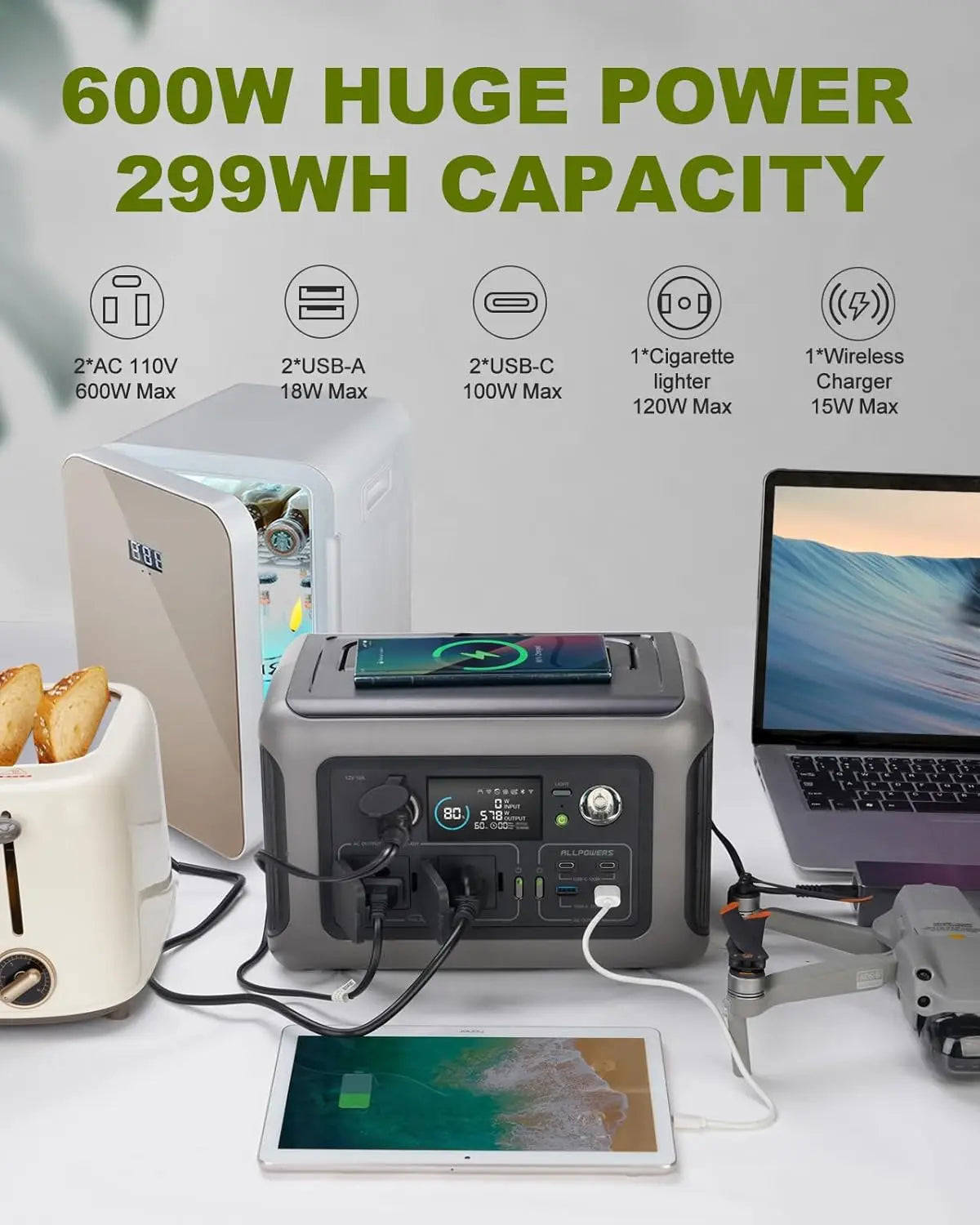 ALLPOWERS R600 Solar Generator with SolarPanel (Optional), 600W 299Wh LiFePO4 Portable Power Station with Solar Charger for Camp - TrendForce25