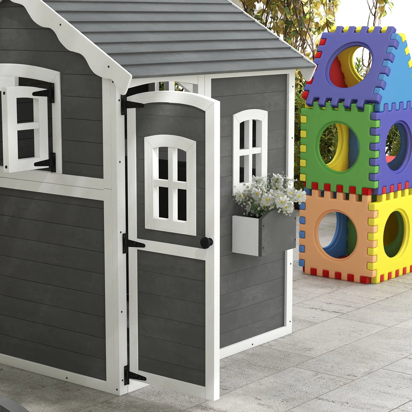 Outsunny Playhouse for Kids, Outdoor Wooden Playhouse with Floor, Door, Windows & Planter Box for 3-8 Year Olds, Backyard