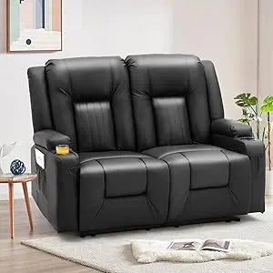 Loveseat Recliner with Cup Holders&Side Pockets, Modern Manual RV Couch Sofa Wall Hugger Recliner Faux Leather Double Recliner H - TrendForce25
