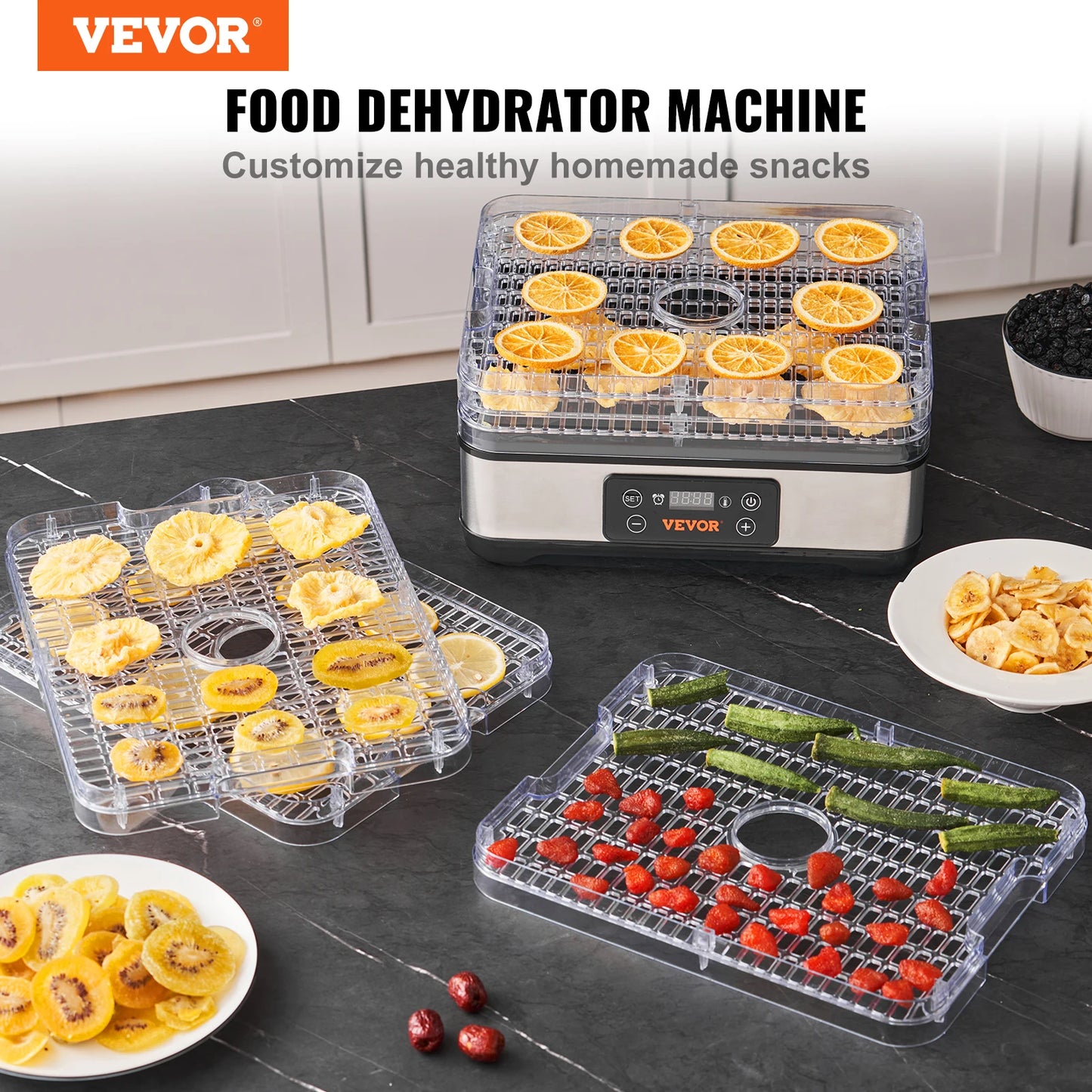 VEVOR 5 Tray Food Dehydrator Machine 300W Stainless Steel Electric Food Dryer w/ Digital Adjustable Timer & Temperature - TrendForce25