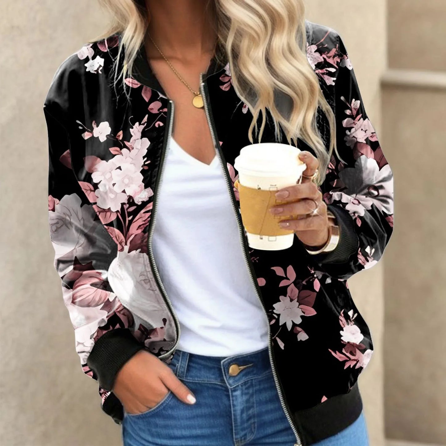 Women's Floral Print Stylish Jacket Regular Size Long Sleeve Full-Zip Baseball Jacket Casual Fall All Match Jacket Coat Outfits