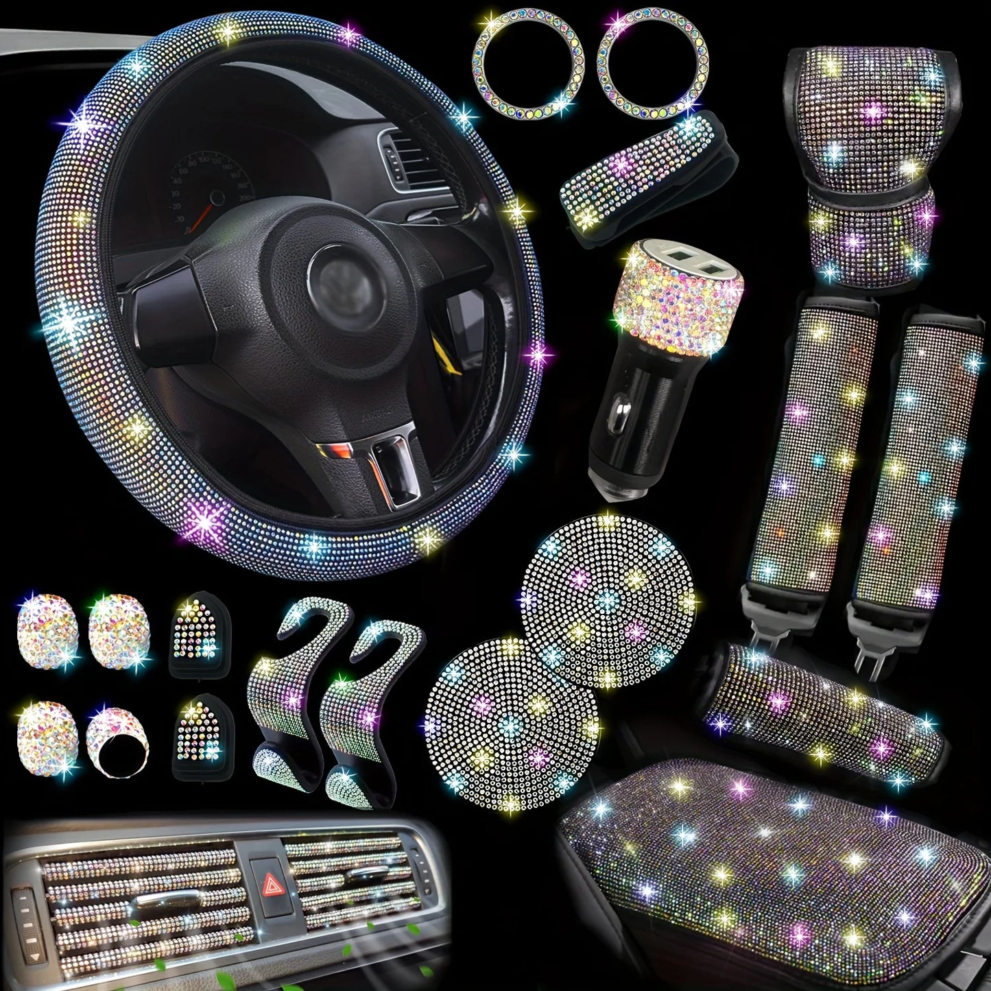 30 PCs Bling Car Accessories Set for Women, Steering Wheel Covers Universal Fit 15Inch, Seat Belt Covers, Armrest Cover