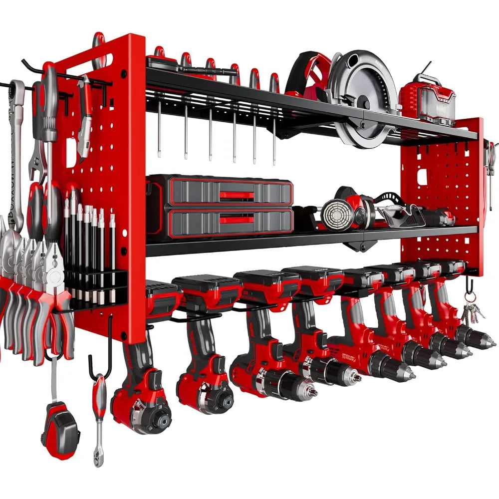 Popular Red Power Tool Organizer Wall Mount,Cordless Storage Rack 8 Drill Holder,3 Layers Heavy Duty Power Tool Storage Rackr