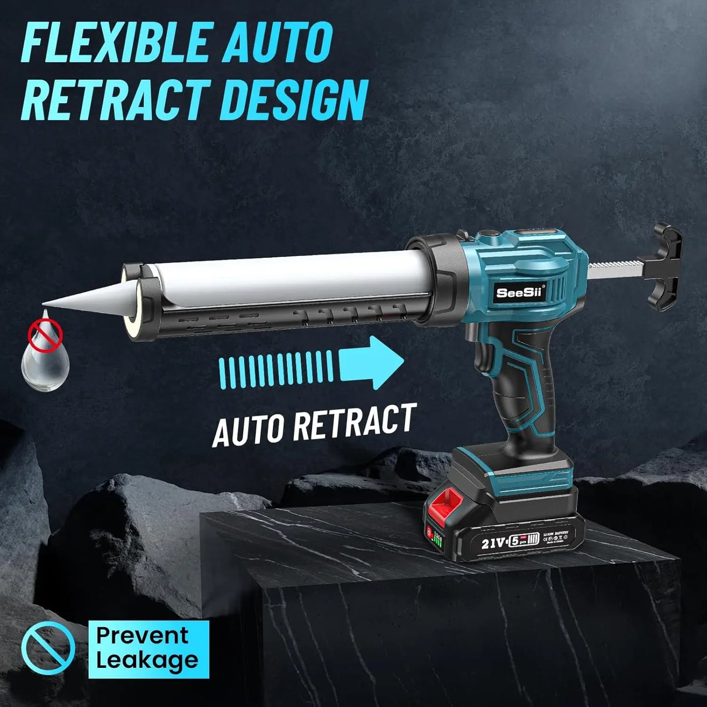 Seesii Cordless Caulking Gun 21V Battery Caulk Gun Electric Glue Gun 4 Speeds Auto Retract, Adhesive Gun Kit for Filling Sealing