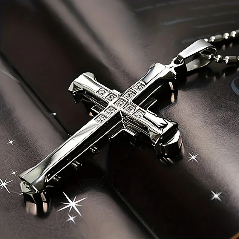 1PC/ Titanium Alloy Cross Pendant Necklace Inlaid with Zircon Man, Classic Jewelry, Holiday Gift