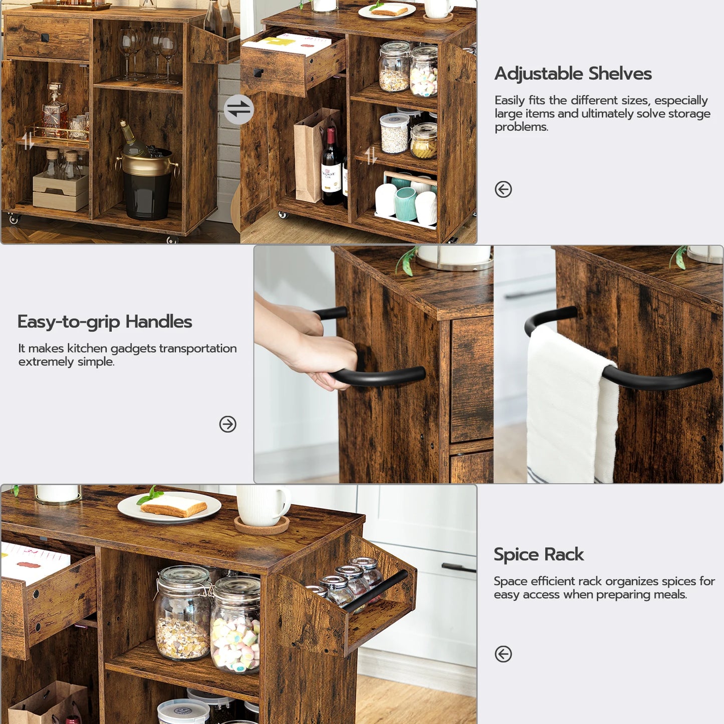 HOOBRO Kitchen Island Storage Cabinet with Drawer Stroller Kitchen Cart with Spice and Towel Rack Saving Space,
