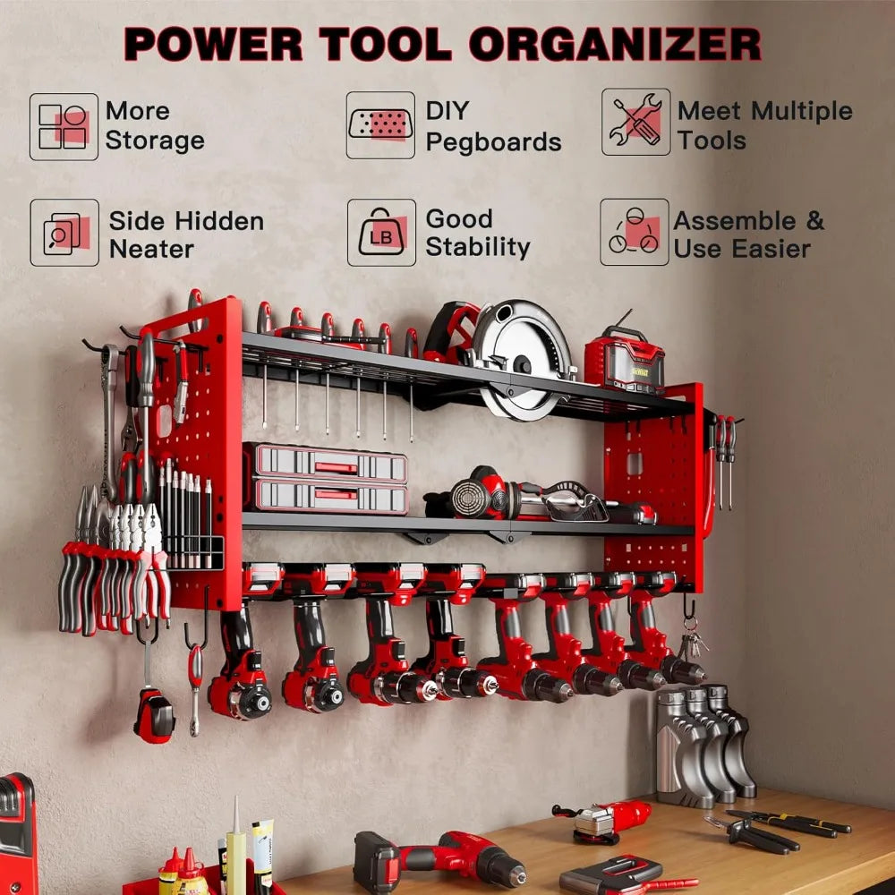 Popular Red Power Tool Organizer Wall Mount,Cordless Storage Rack 8 Drill Holder,3 Layers Heavy Duty Power Tool Storage Rackr