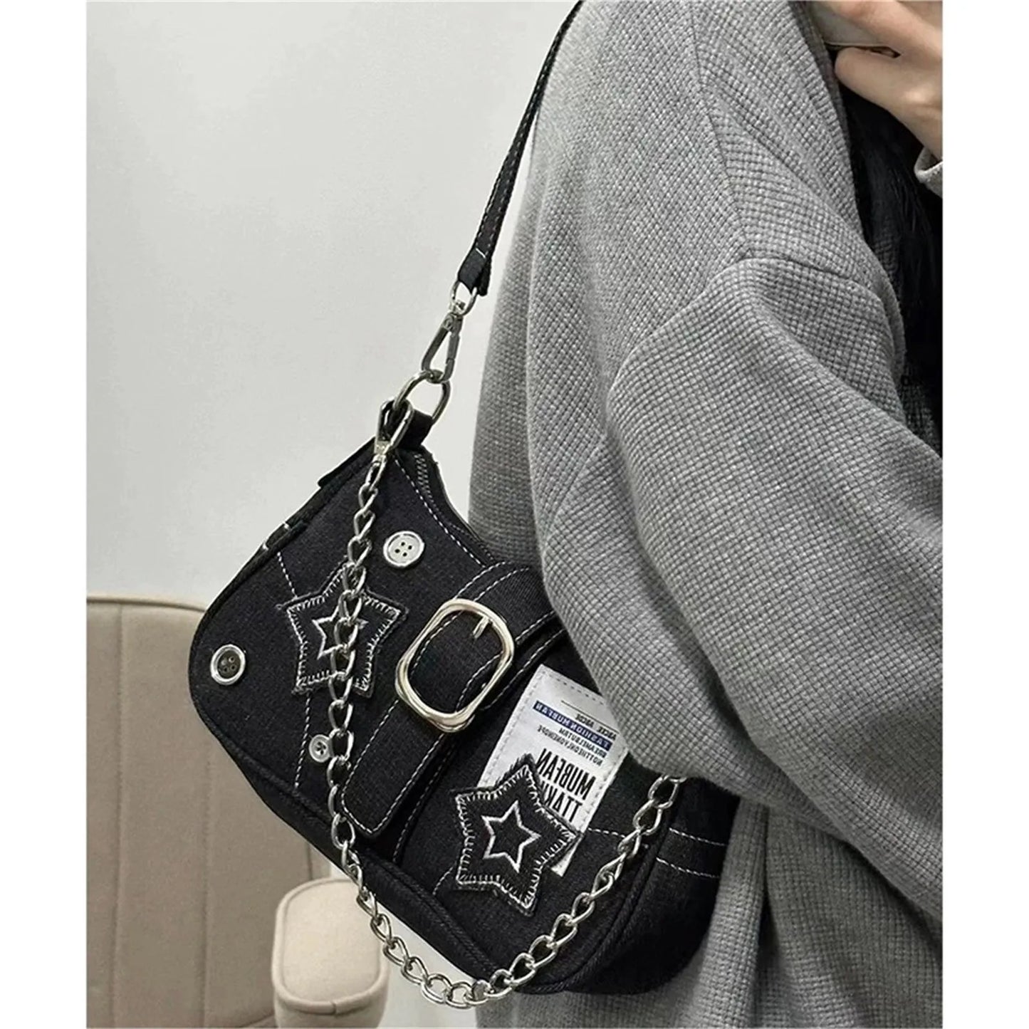 Y2k Fashion Women'S Handbags Stars Pattern Cool Girls Underarm Bag Fashion Canvas Female Small Shoulder Bags Chain Tote Purses - TrendForce25