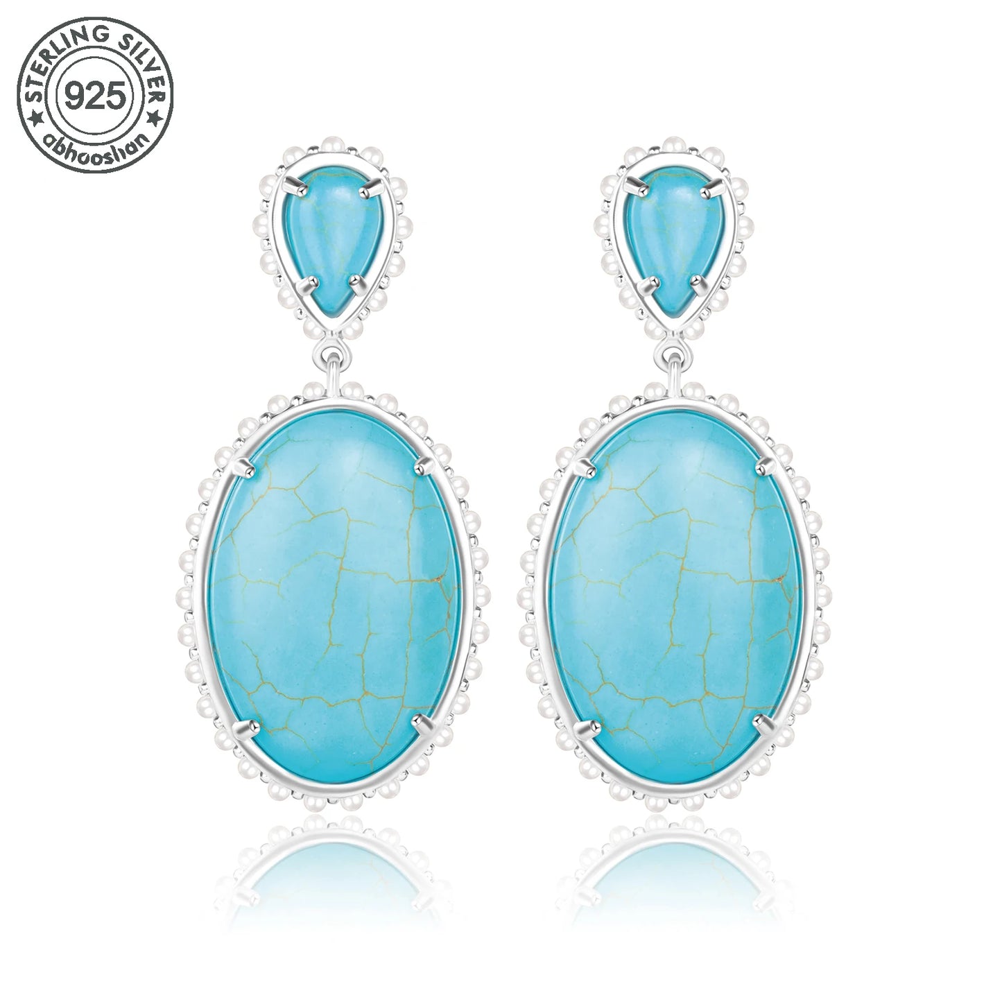 925 Silver, Turquoise and Pearl Double Treasure Earrings, Women's Earrings with high quality turquoise and pearl, fashionable an