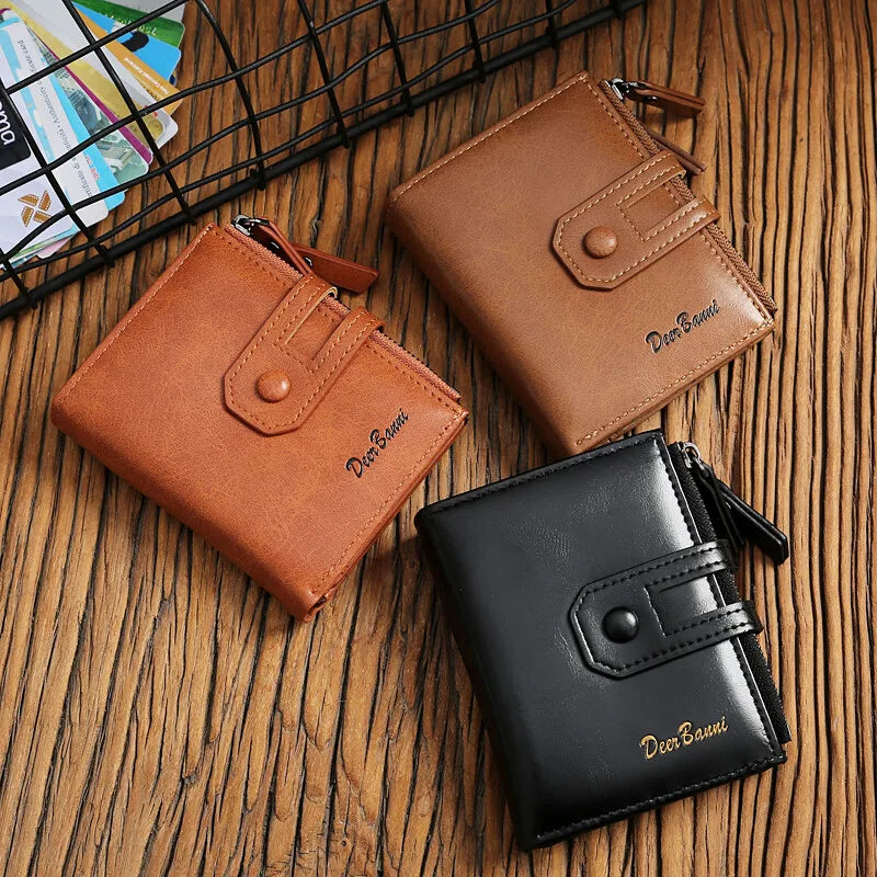 Men's Short Wallet Double zipper Multi Card Slots Holder Coin Purses With Snap Button PU Leather Billfold - TrendForce25