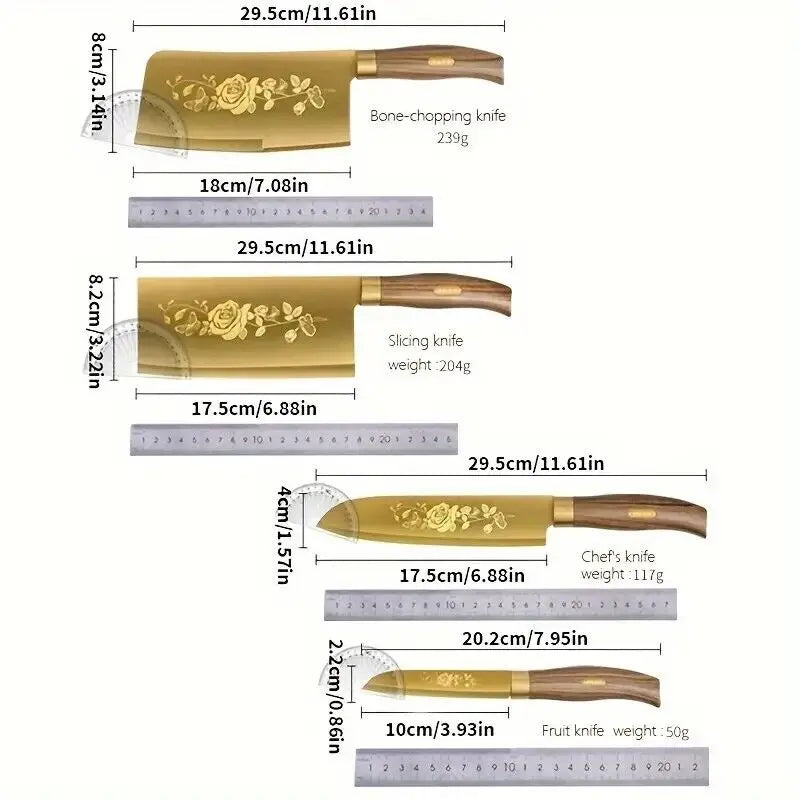 4-Piece Titanium-Coated Kitchen Knife Set - Sharp, Durable, Perfect for Cutting Meat and Bones,Commercial kitchen and Home Cooks