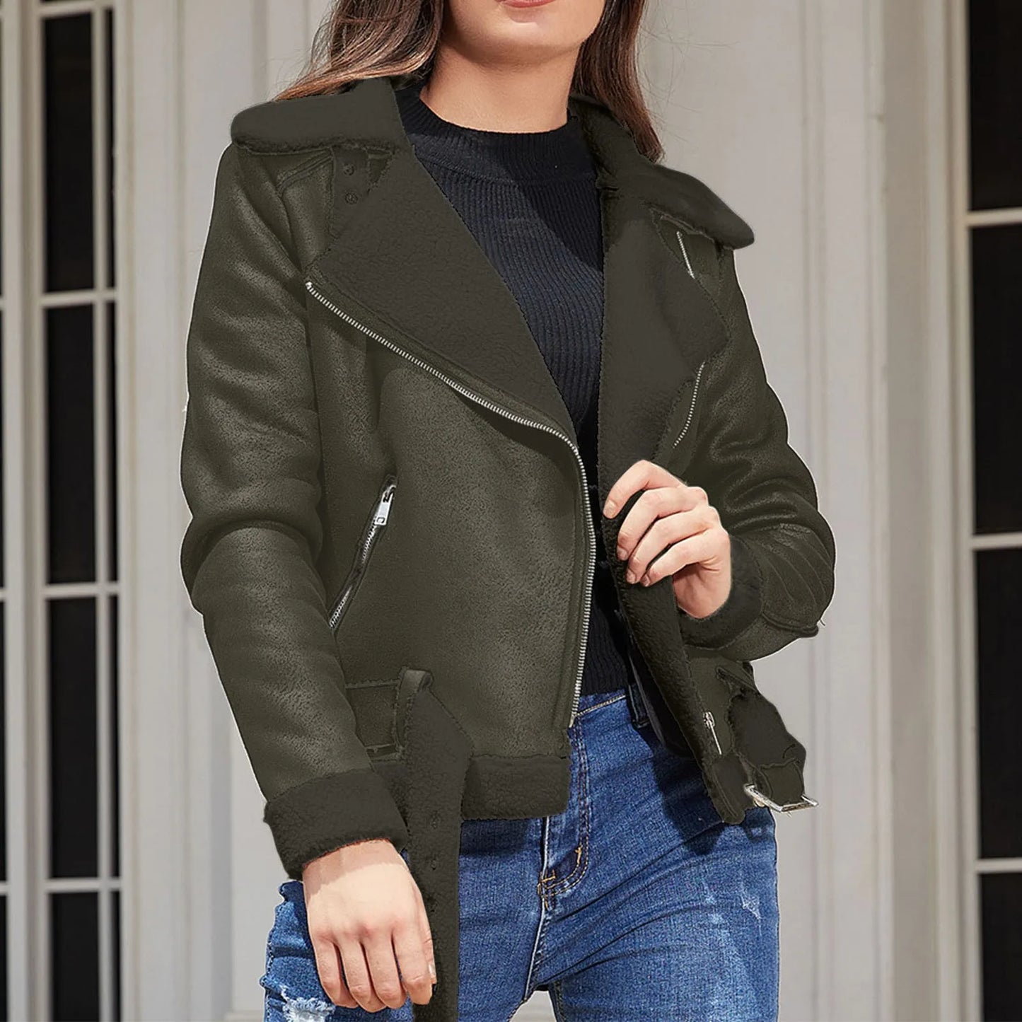 Warm Suede Lamb Jacket Winter Women Thick Short Motorcycle Coats Faux Shearling Leather Jackets Zip Cool Outwear Women'S Coat