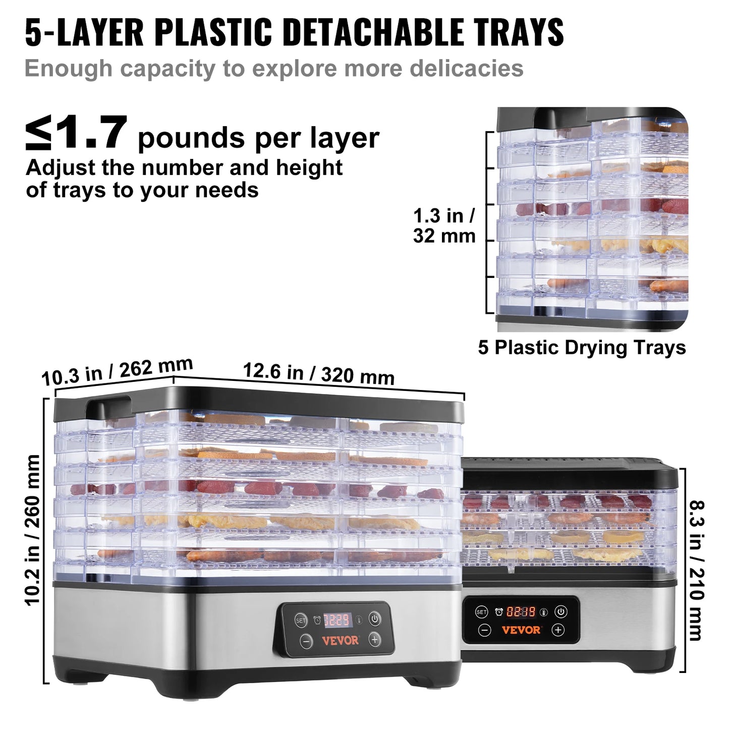 VEVOR 5 Tray Food Dehydrator Machine 300W Stainless Steel Electric Food Dryer w/ Digital Adjustable Timer & Temperature - TrendForce25