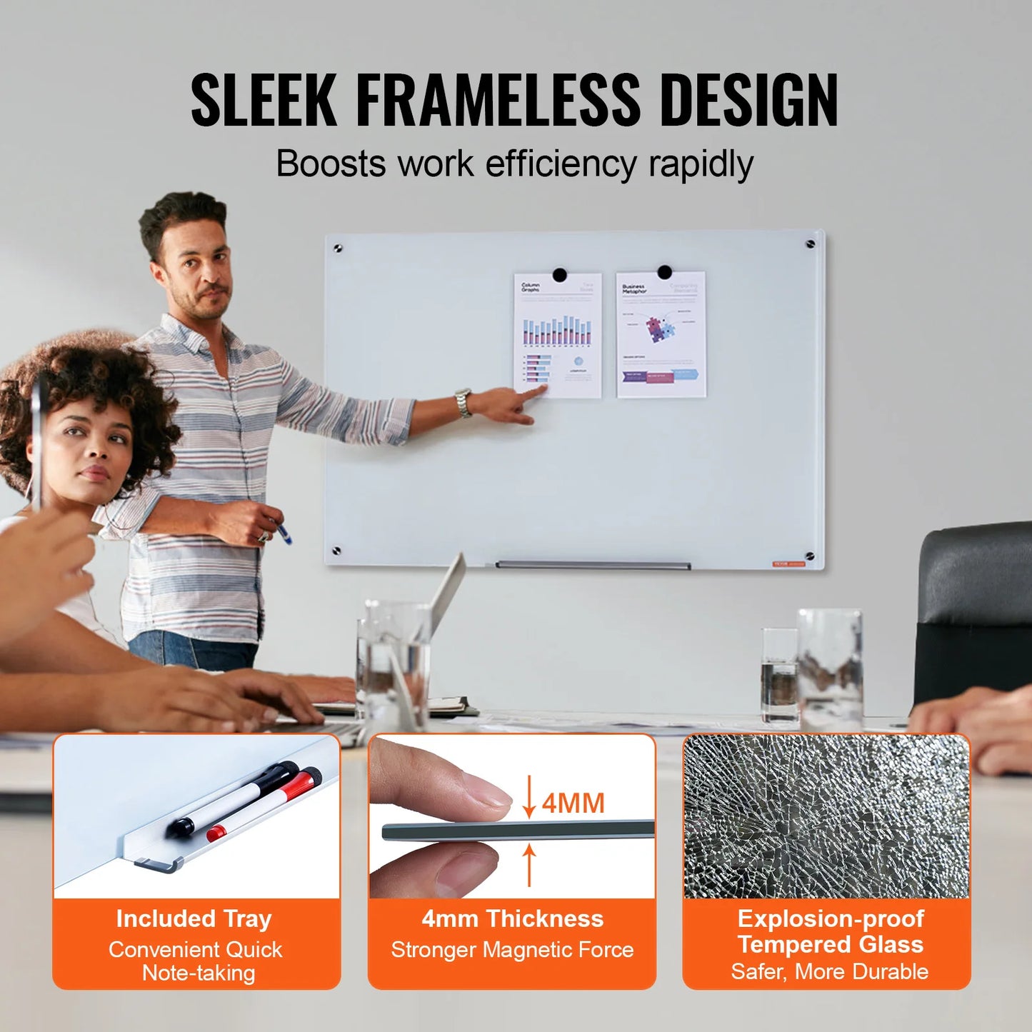VEVOR Magnetic Glass Whiteboard 36"x24"/48"x32"/72"x36" Dry Erase Board Wall-Mount Large Frameless Glassboard for School Office