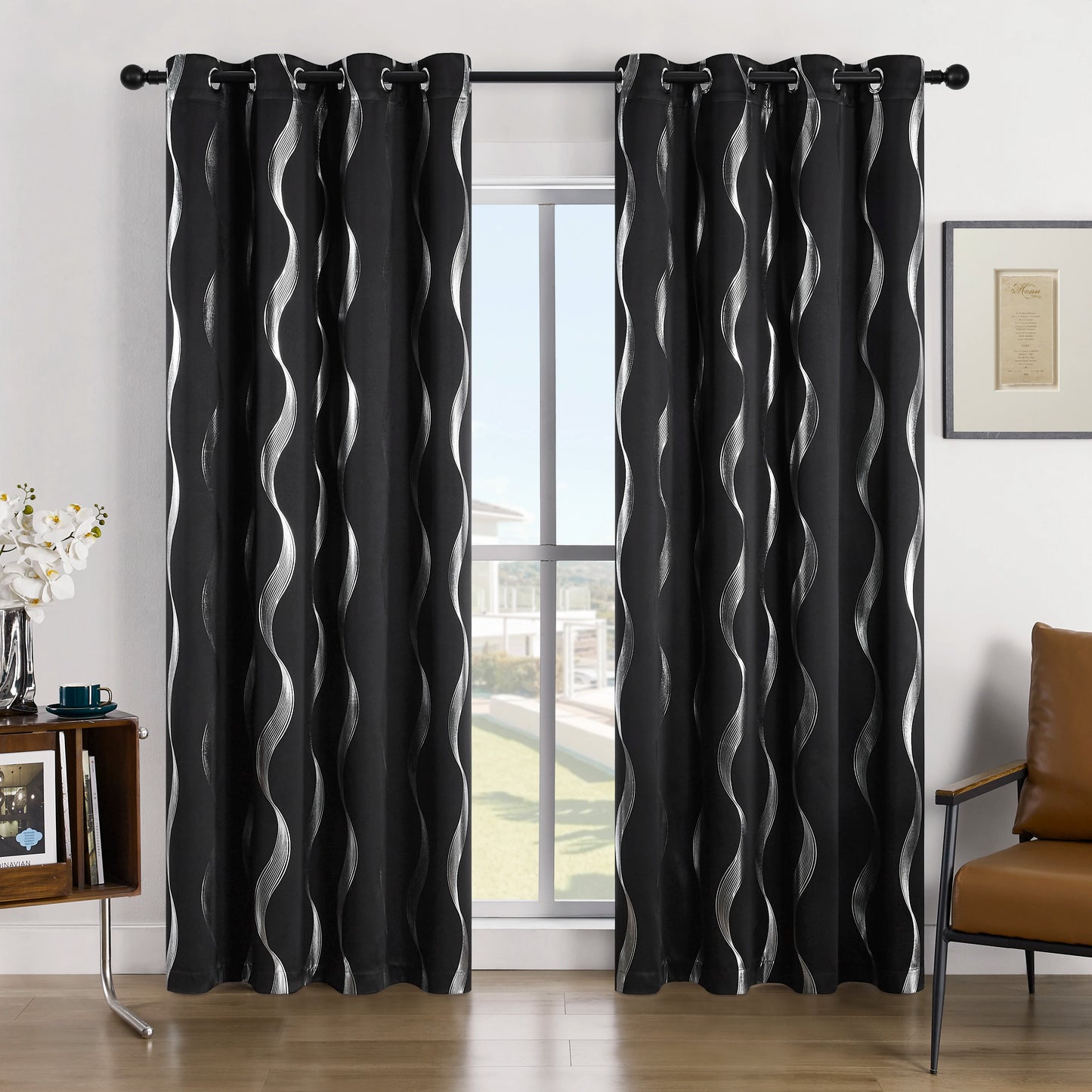 4Pcs Blackout Curtains Grommet Thermal Insulated Room Darkening With Wave Foil Printed For Bedroom - TrendForce25