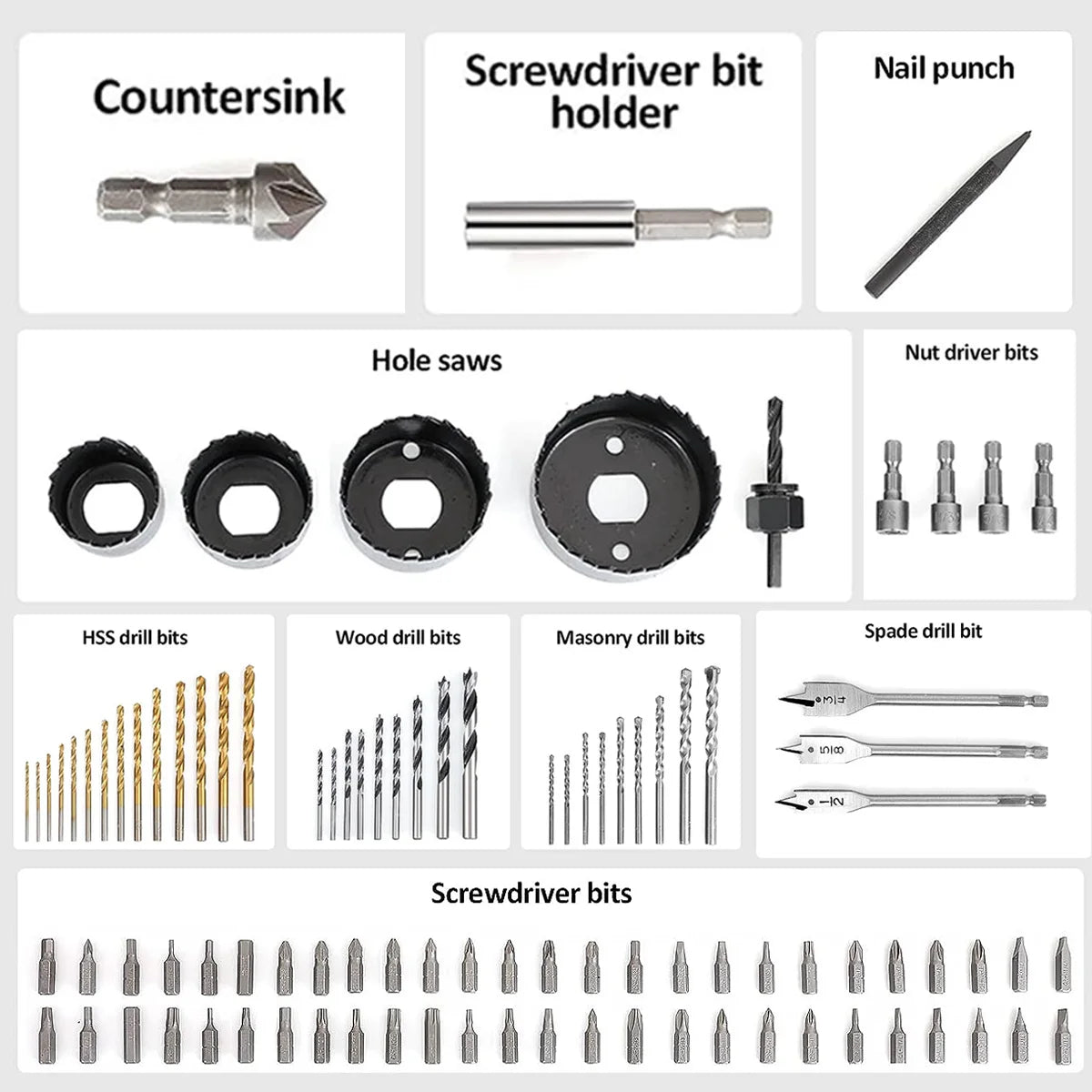 100pcs Drill Bit Set,100 Pieces Impact Driver Bits & Screwdriver Bits Set,for Drilling Metal,Wood,Masonry and Plastic,Cement