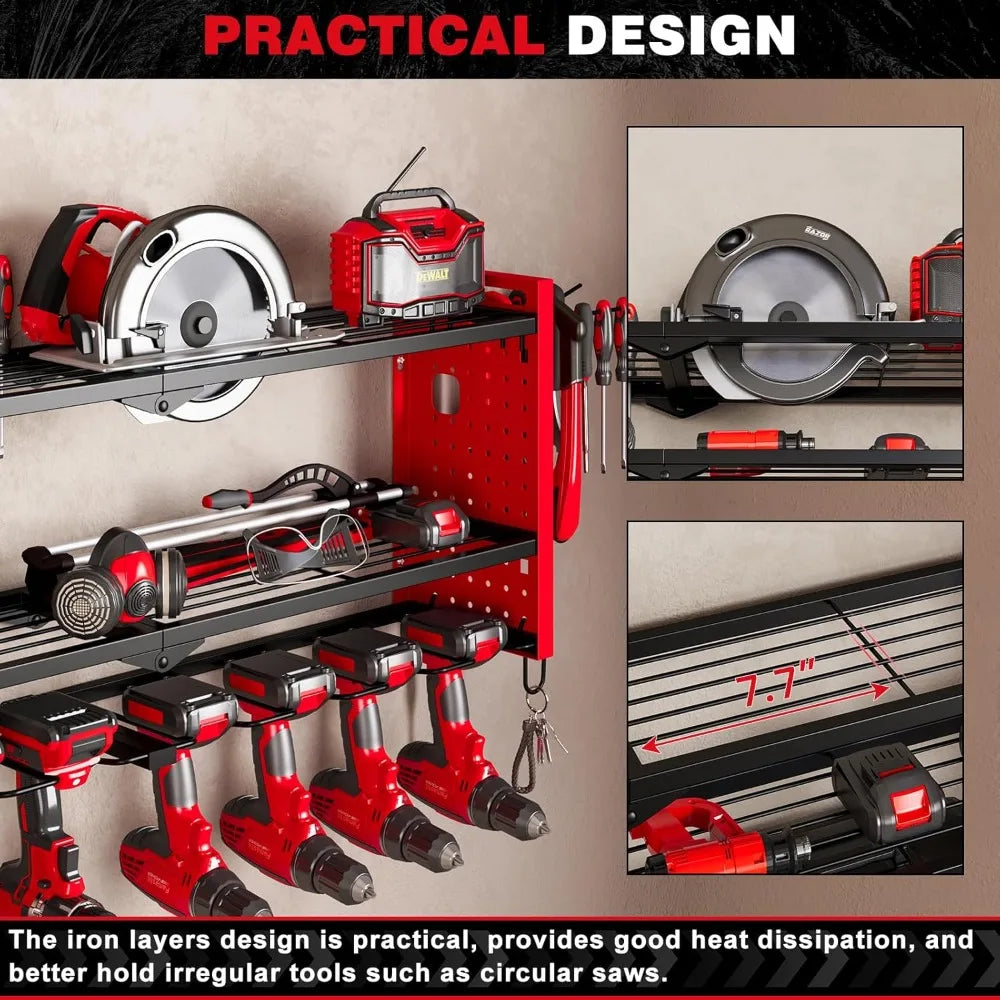 Popular Red Power Tool Organizer Wall Mount,Cordless Storage Rack 8 Drill Holder,3 Layers Heavy Duty Power Tool Storage Rackr