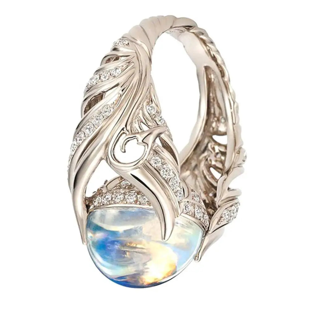 Women's Faux Moonstone Rhinestone-Inlaid Wing Finger Ring - Elegant Wedding Jewelry Gift