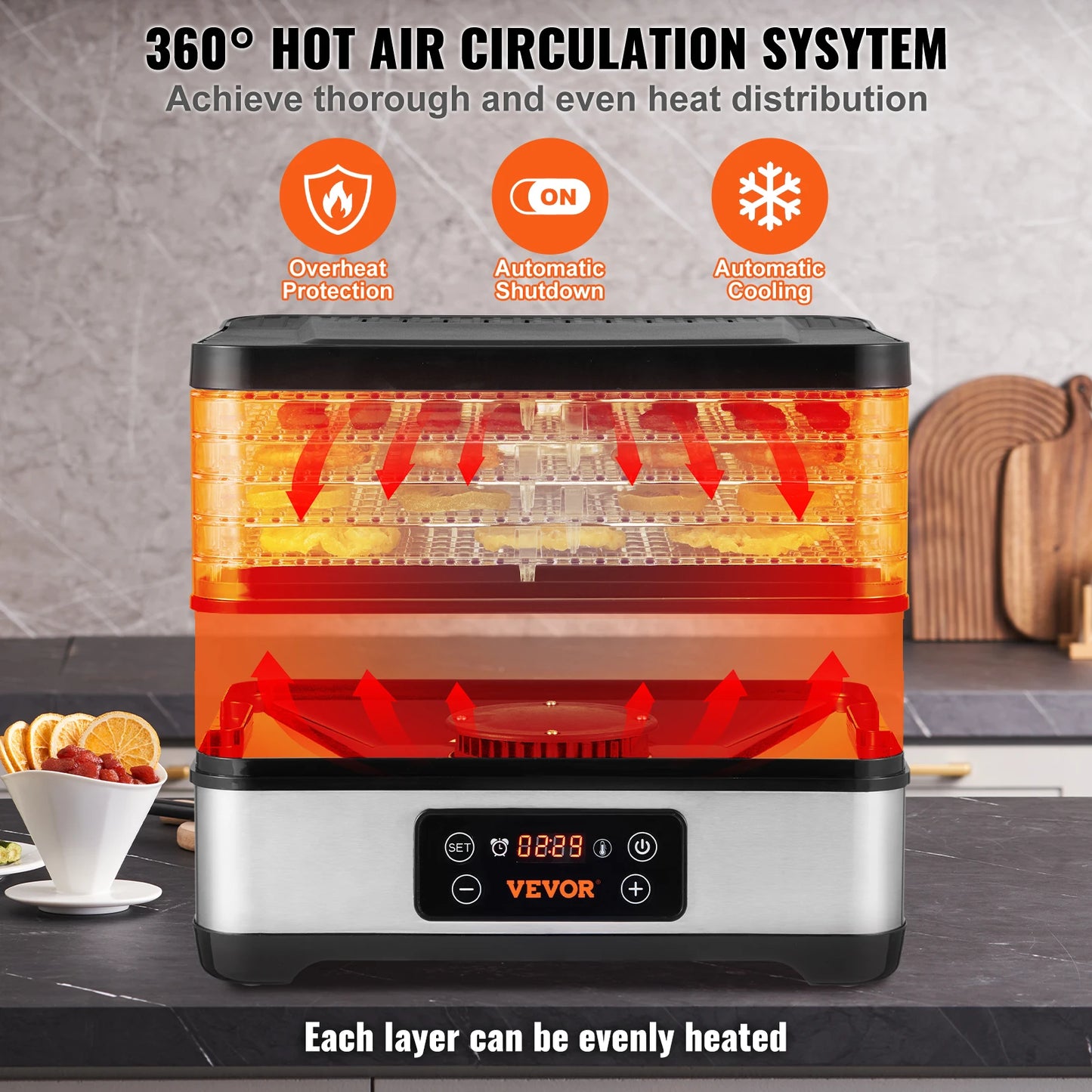 VEVOR 5 Tray Food Dehydrator Machine 300W Stainless Steel Electric Food Dryer w/ Digital Adjustable Timer & Temperature - TrendForce25