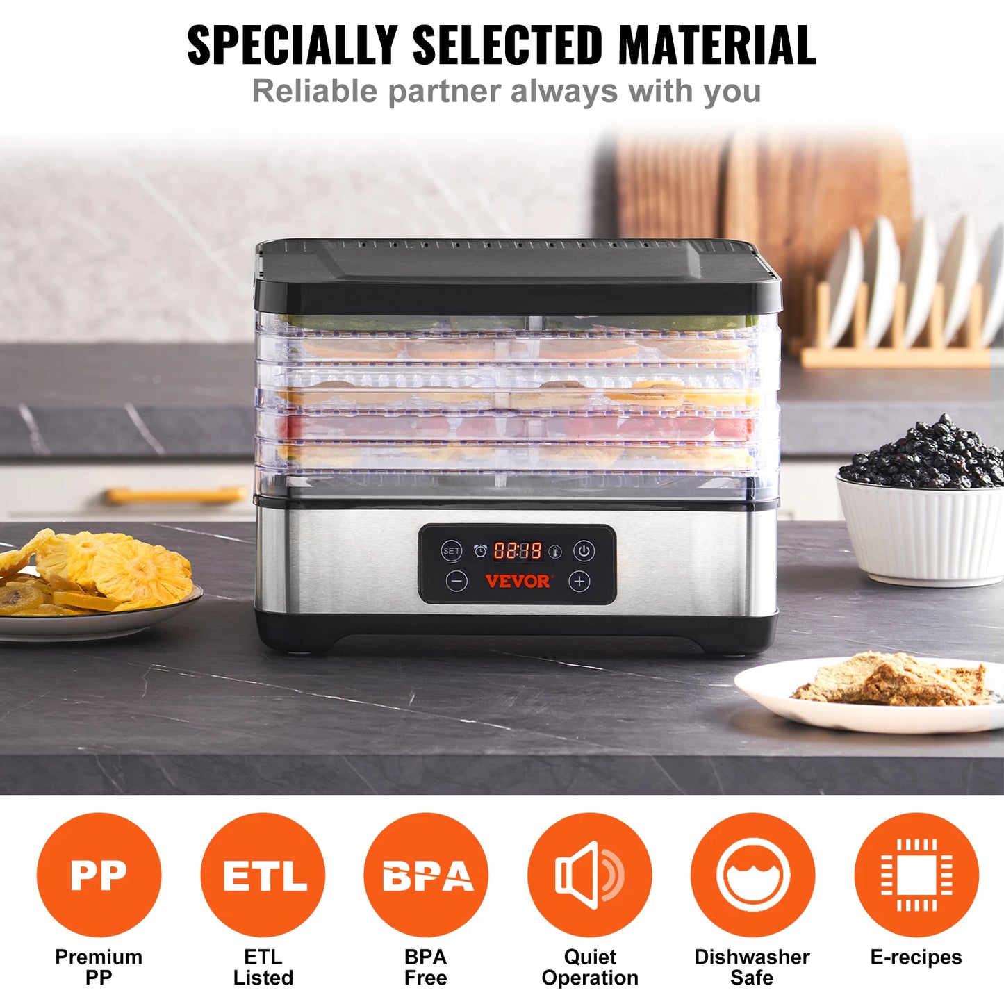 VEVOR 5 Tray Food Dehydrator Machine 300W Stainless Steel Electric Food Dryer w/ Digital Adjustable Timer & Temperature - TrendForce25