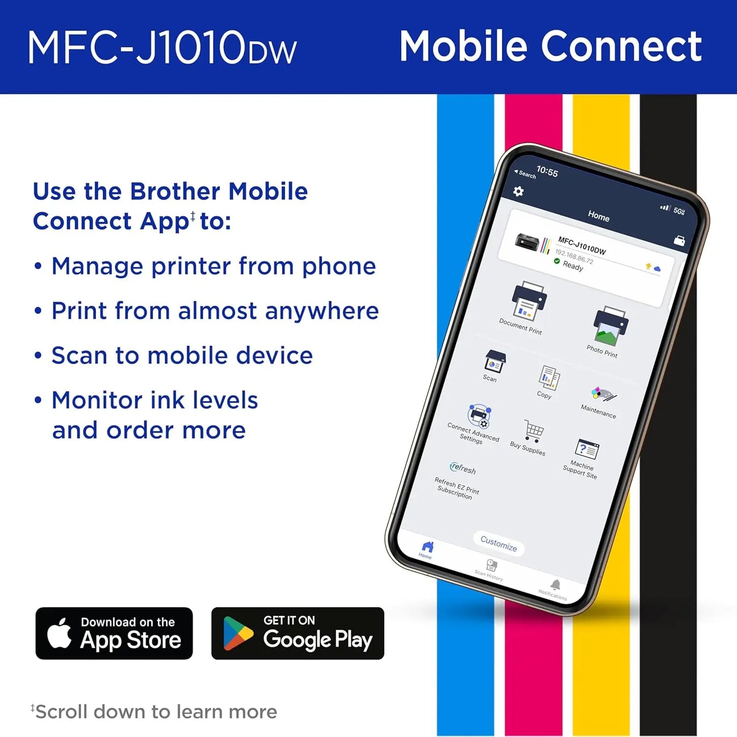 MFC-J1010DW Wireless Color Inkjet All-in-One Printer with Mobile Device and Duplex Printing, Refresh Subscription and Works