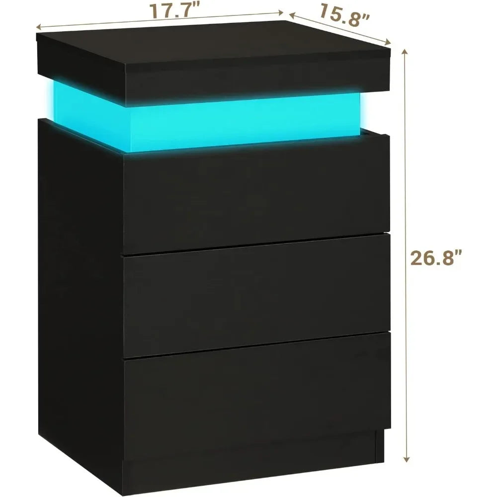 Nightstand with Charging Station and LED Lights,Night Stand with Sliding Top,Bedside Table with Drawers,Modern End Side Table