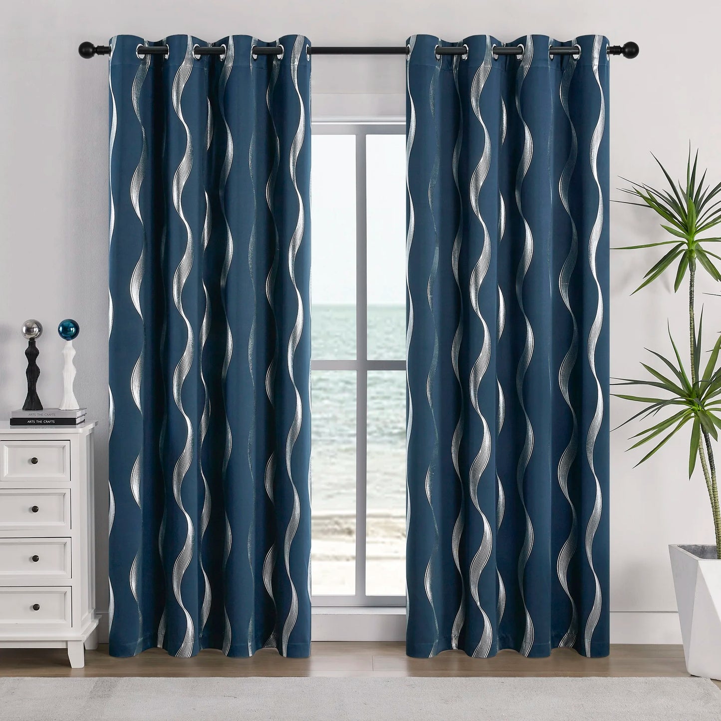 4Pcs Blackout Curtains Grommet Thermal Insulated Room Darkening With Wave Foil Printed For Bedroom - TrendForce25