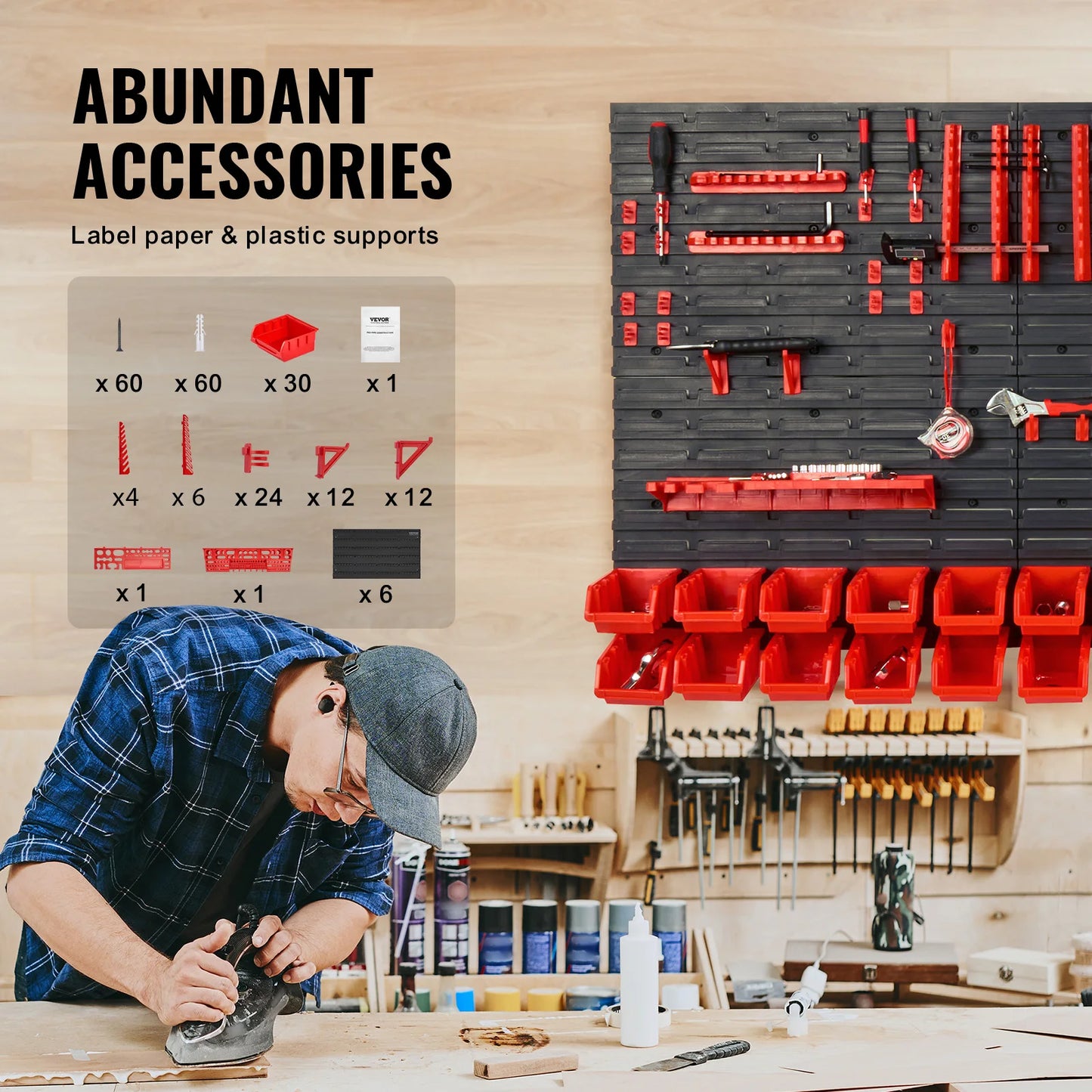 VEVOR 30Bin Wall Mounted Storage Bins Parts Rack Organizer Garage with Wall Panels Hooks Plastic Shop Tool for Screw Nails