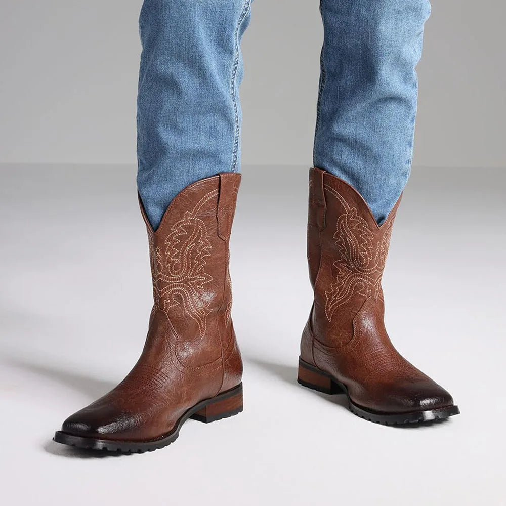 DoraTasia Plus size 12.5 New Fashion Retro Square Toe Neutral Cowboy Boots Luxury Embroidered Concise Pull-on Western Boots - TrendForce25
